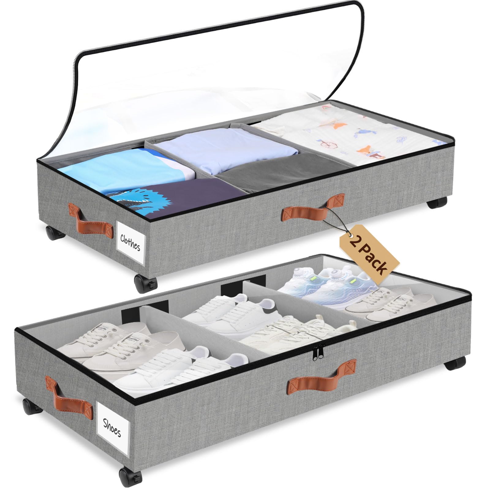 2 Pezzi Contenitori Sottoletto con Ruote, Scatole Sotto Letto Contenitore con Finestra Trasparente, Scatole Per Vestiti Partizione Regolabile, Porta Borse da Armadio per Vestiti Scarpe, Grigio