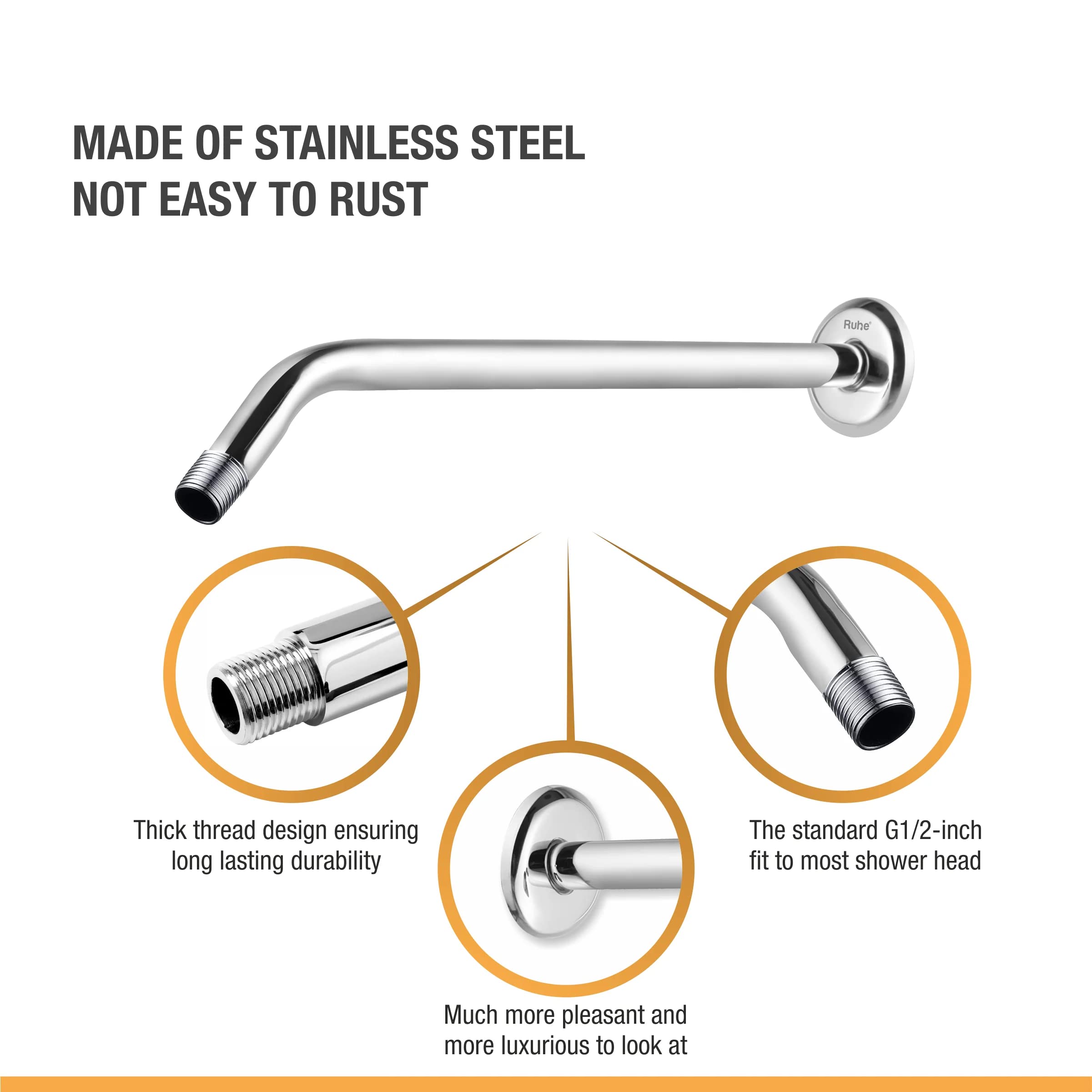 Ruhe® 18 inches Round Half Bend Shower Arm|18 inches Premium Stainless Steel Wall Mount Shower Holder| Showerhead Arm for Shower Area 2