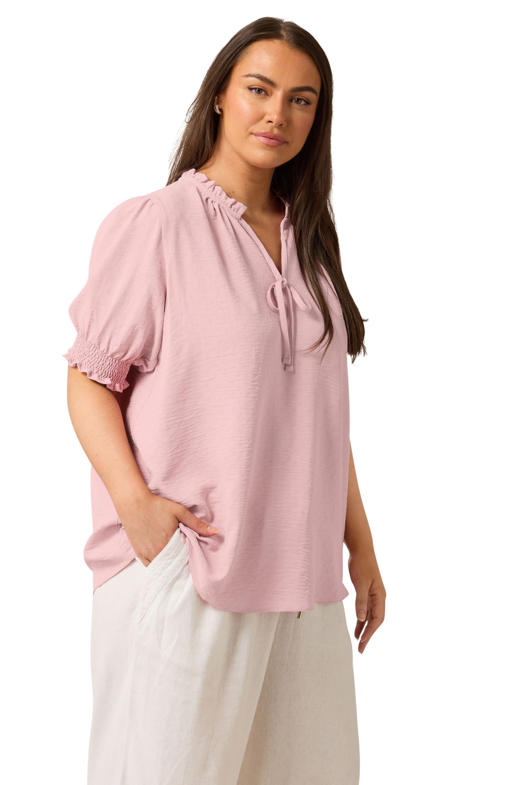 Evans Women's Light Pink Curve Frilled Tie Neck Blouse - Plus Size Curve