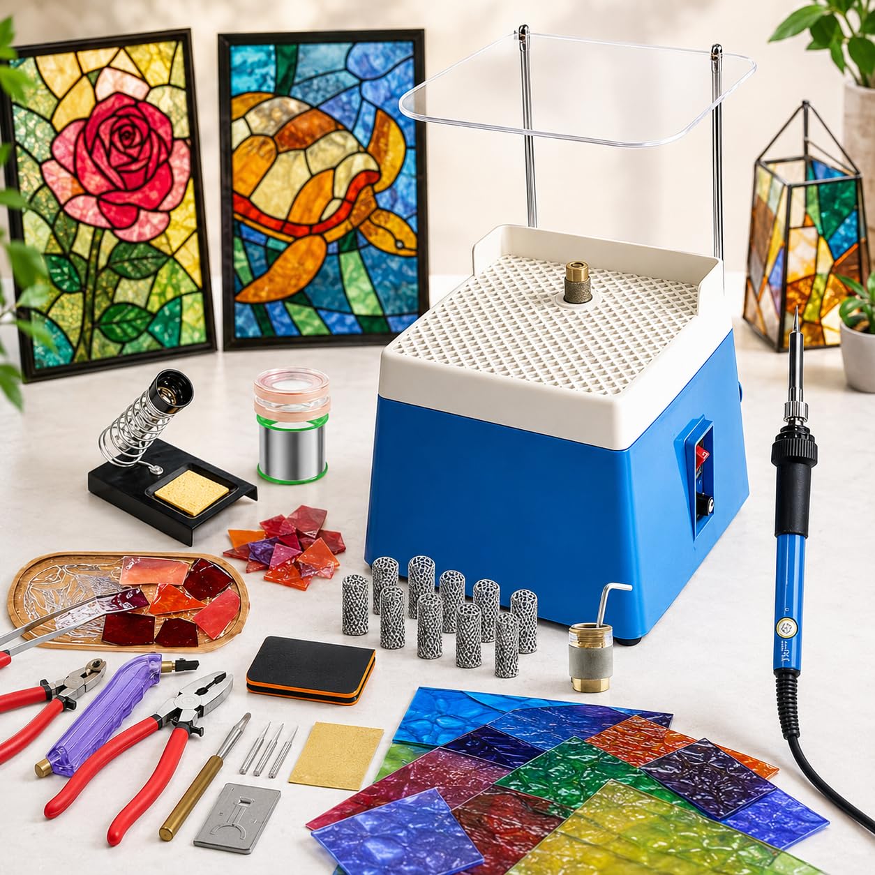 Buntglas-Starter-Kit mit Glasschleifer für DIY-Projekte, Komplettset für Anfänger und Hobbyisten in Glas- und Mosaikkunst