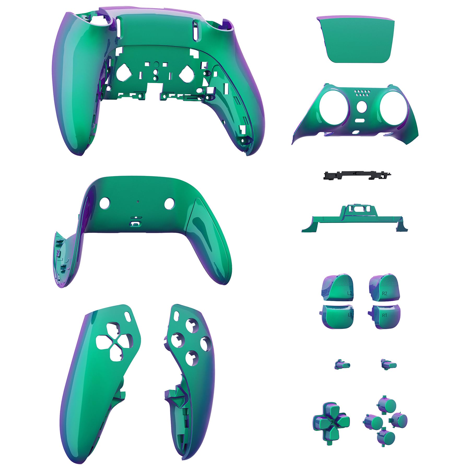 eXtremeRate Komplettes Set Gehäuse Shell Button Touchpad PS5 Edge Controller Chamäleon Grün Lila Ersatz Dekorative Verkleidung Schale Front Back Plate für PS5 Edge Controller
