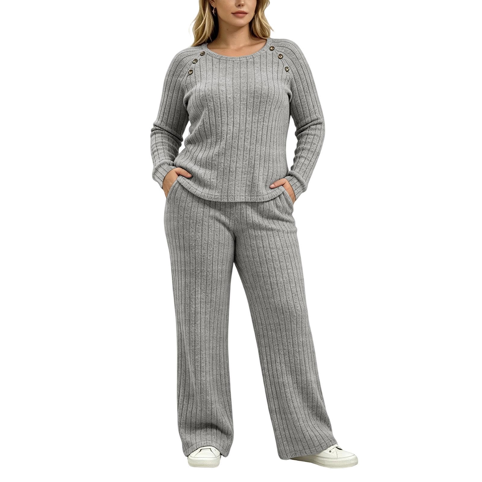 Genérico Conjunto de Punto Elegante con Pantalón y Suéter de Botones