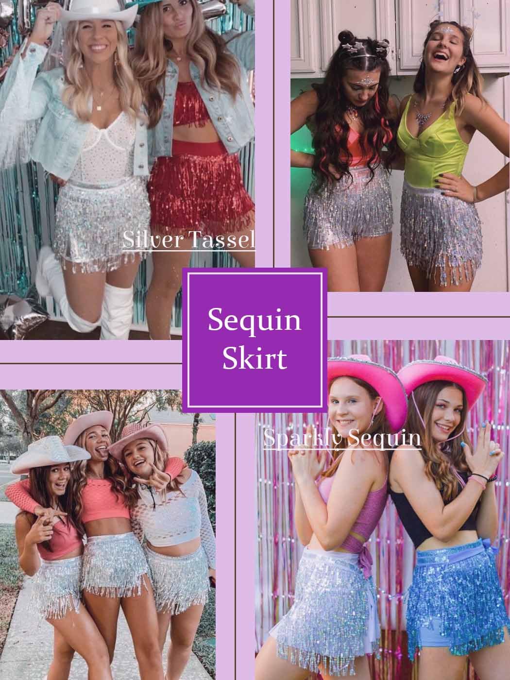 IYOU Jupe à Paillettes et à Glands Foulard de Danse Orientale Baladi Argent Mini Jupe Enveloppante à Franges Tenue de Festival et de Rave pour Femmes et Filles