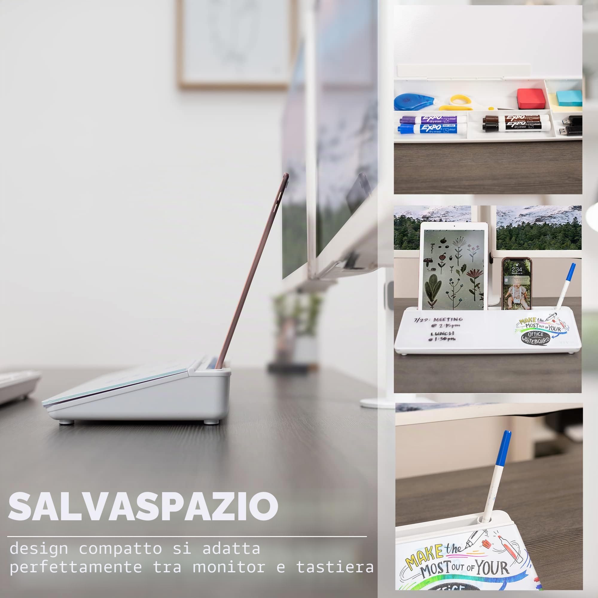 VIVO Lavagna cancellabile a secco in vetro, 40,6 x 17,8 cm, organizer da scrivania con scomparti nascosti e slot per dispositivo, DESK-WB16A