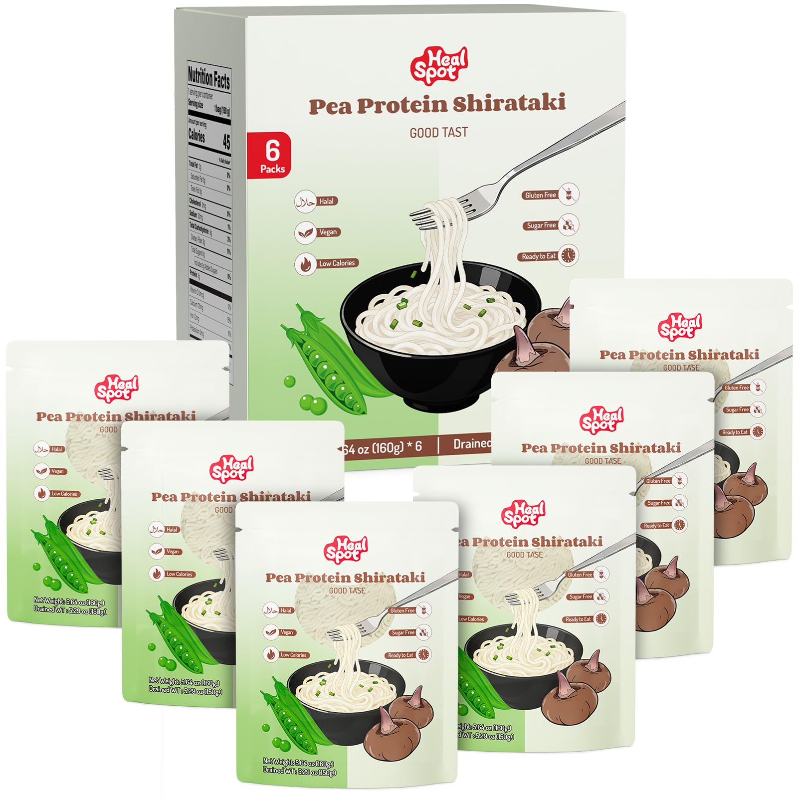 HealSpot Pea Protein Shirataki, Low Calorie, Zero Fat, Low Carb, Keto Friendly, Sugar-Free, Low Glycemic, Gluten Free, Non-GMO, High Calcium,