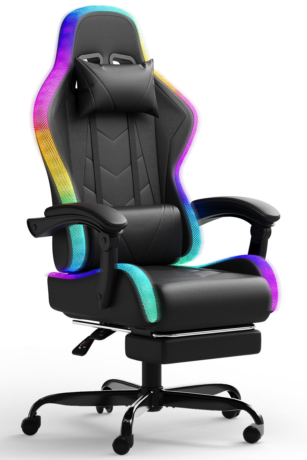 JUMMICO Sedia da gioco con LED, Cool Racing Gamer, sedia ergonomica da ufficio con funzione massaggiante, schienale regolabile 90-135°, con poggiapiedi telescopico, capacità di carico 150 kg, colore