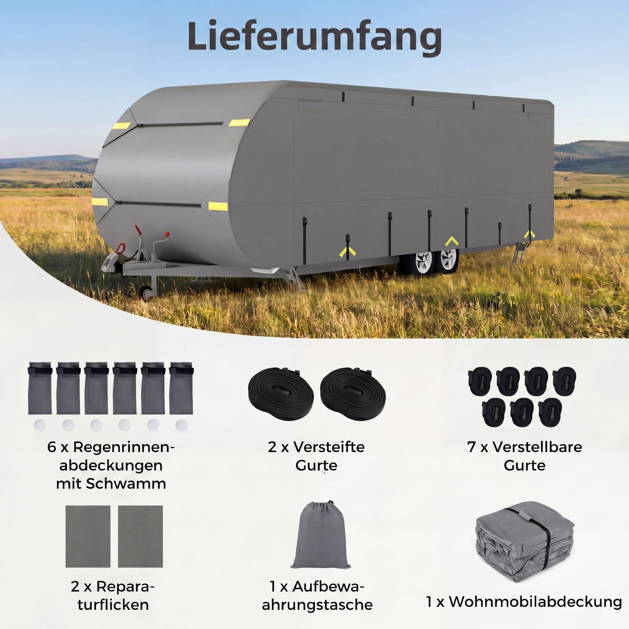 SOARS Wohnwagen Schutzhülle, WohnwagenAbdeckung Wetterfest (524 x 260 cm) | Wohnwagenschutzhülle mit Aufbewahrungstasche, Schutzdach Atmungsaktiv mit 4 Seitentüren & Reflektierenden Streifen