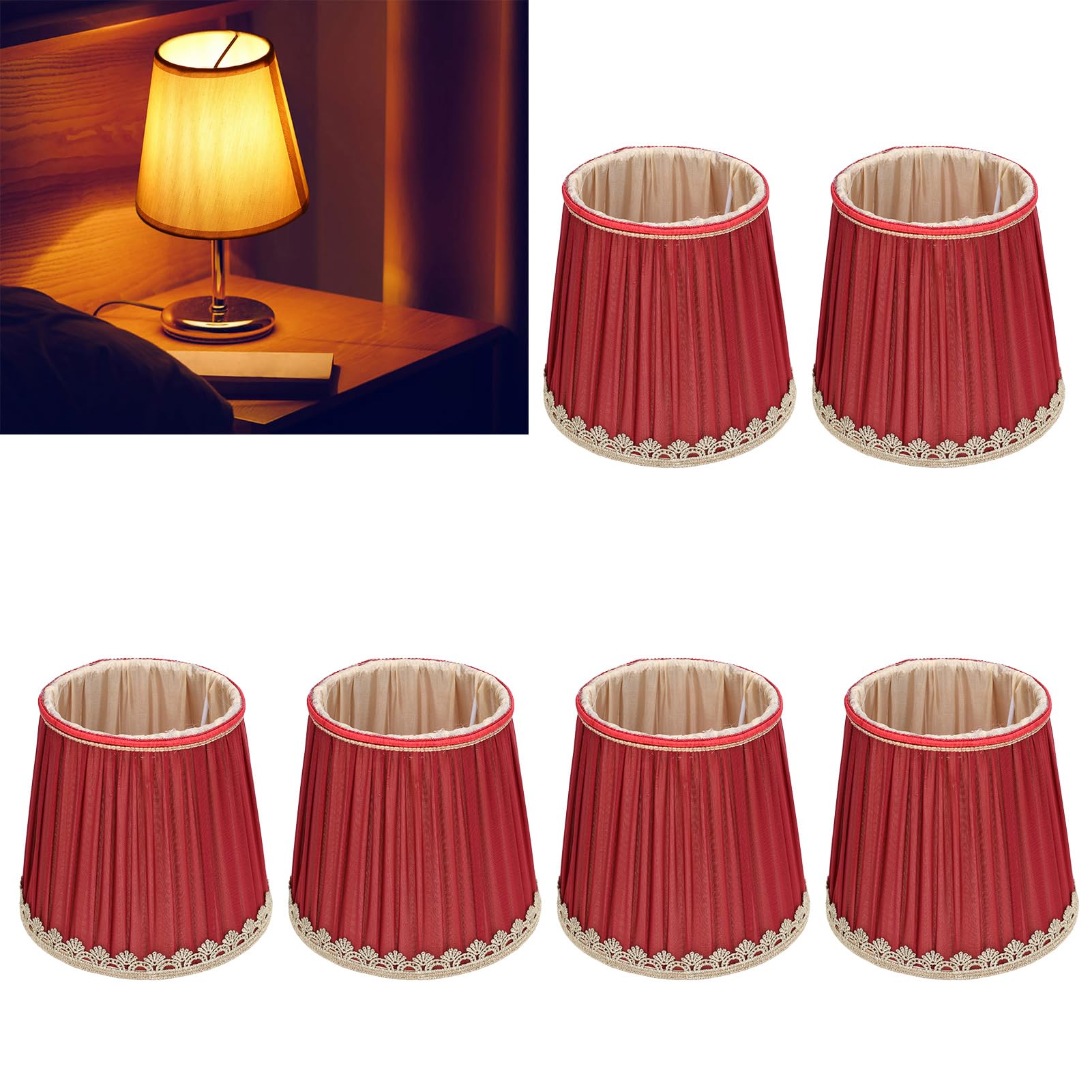 BestAlice 6Pcs Small Lamp Shade, Cloth Fabric Lampshade Chandelier Lamp Shades, Mini Clip On Lamp Shade Fabric Wine Red Golden Modern Lampshade for E14 Table Chandelier Wall Lamp