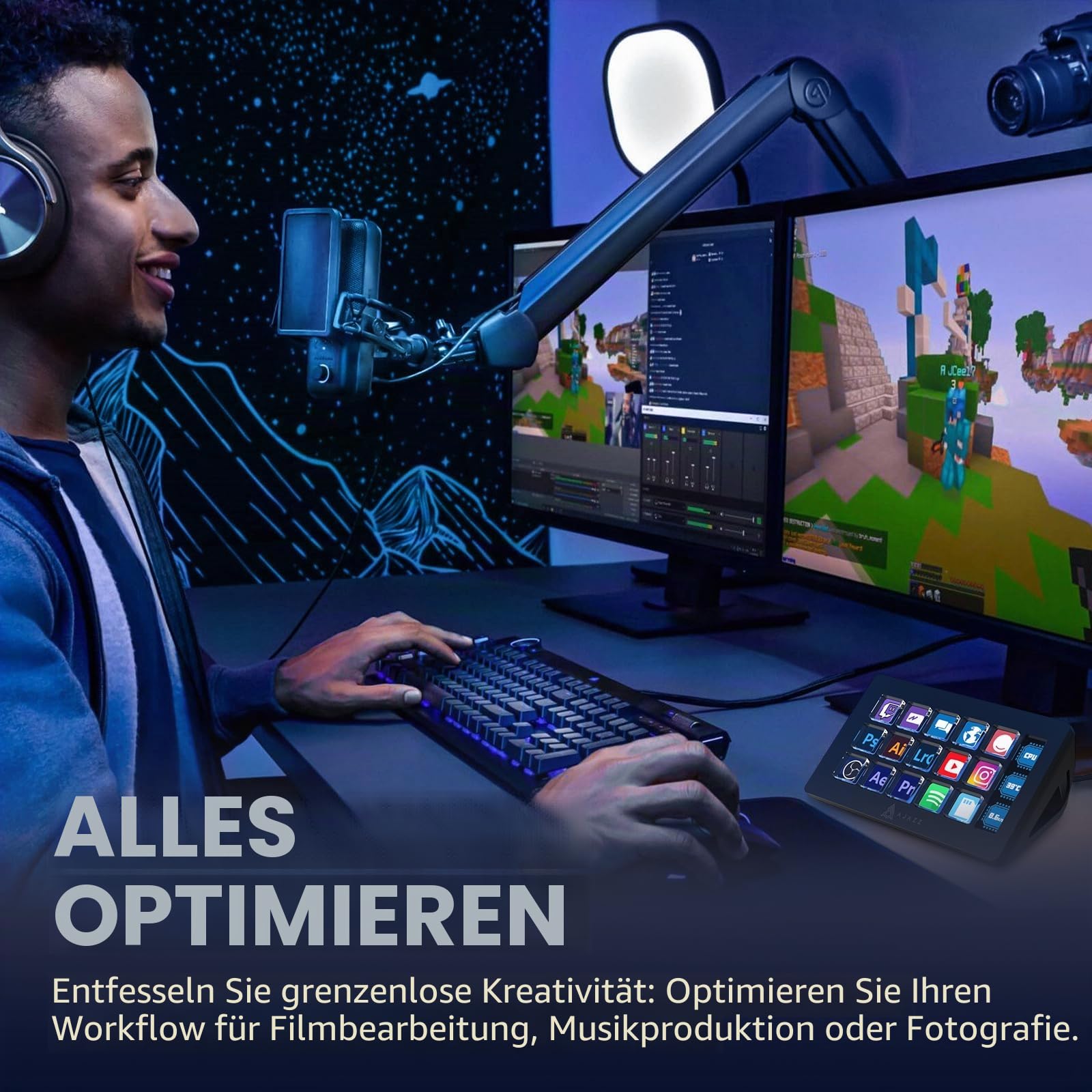 A.JAZZ AKP153 Stream-Studio-Controller, Stream-Deck-Typ-C, kabelgebunden, mit 15 Makro-LCD-Tasten, 1 seitlichem Bildschirm, abnehmbarer Ständer für Multi-Aktionen, ausgelöst in Win, Mac, Twitter