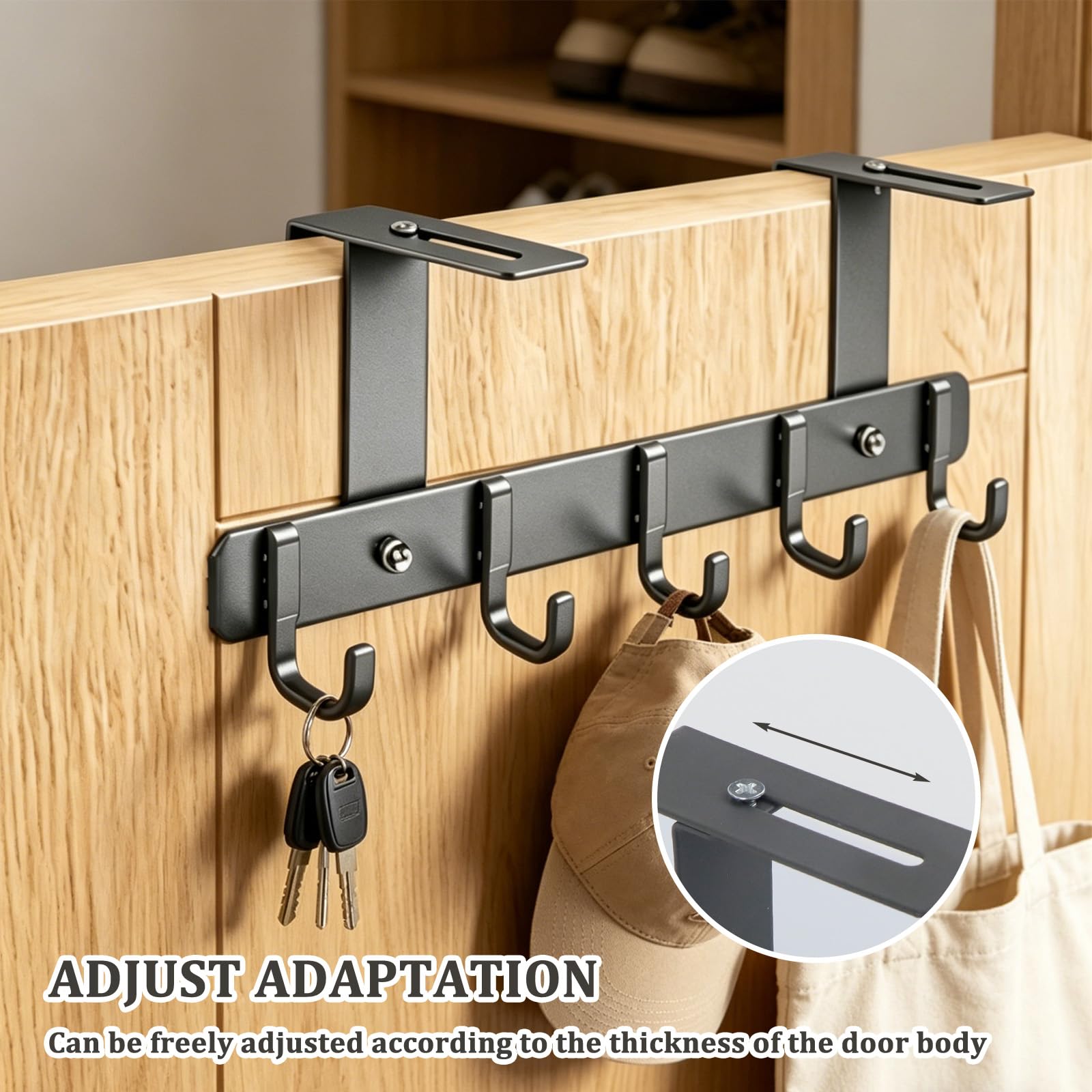 Appendiabiti da Porta, Attaccapanni da Porta, Appendino da Porte Regolabile per 22-58mm, Ganci Porte con 5 Ganci, Gancio Door per Camera da Letto, Bagno, Cucina, Grigio