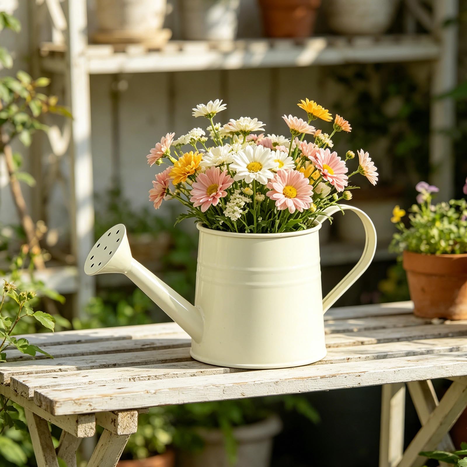 White Flower Long Spout Water Can For Kids Adult With Sprinkler Head Mini Small Water Spraying Pot Sprinkle For Gardening Watering/Sprinkling (White)