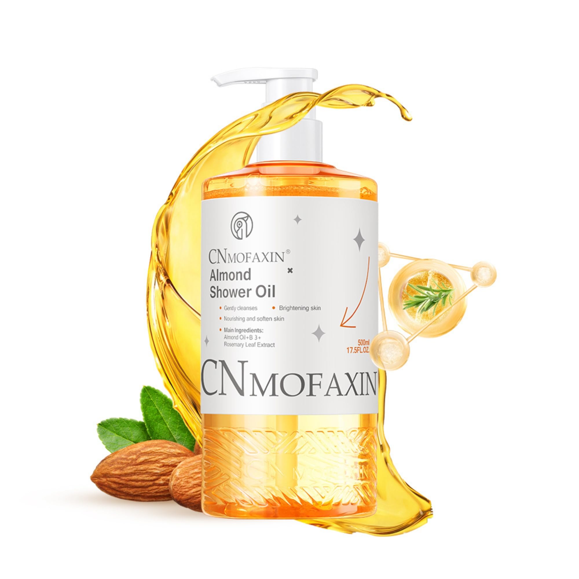 CNMOFAXIN Almond Shower Oil Body Wash 500ml - Moisturising & Softening Body Cleanser with Vitamin B3, Rosemary & Lavender - Gentle Shower Gel for Smooth, Radiant & Healthy Looking Skin
