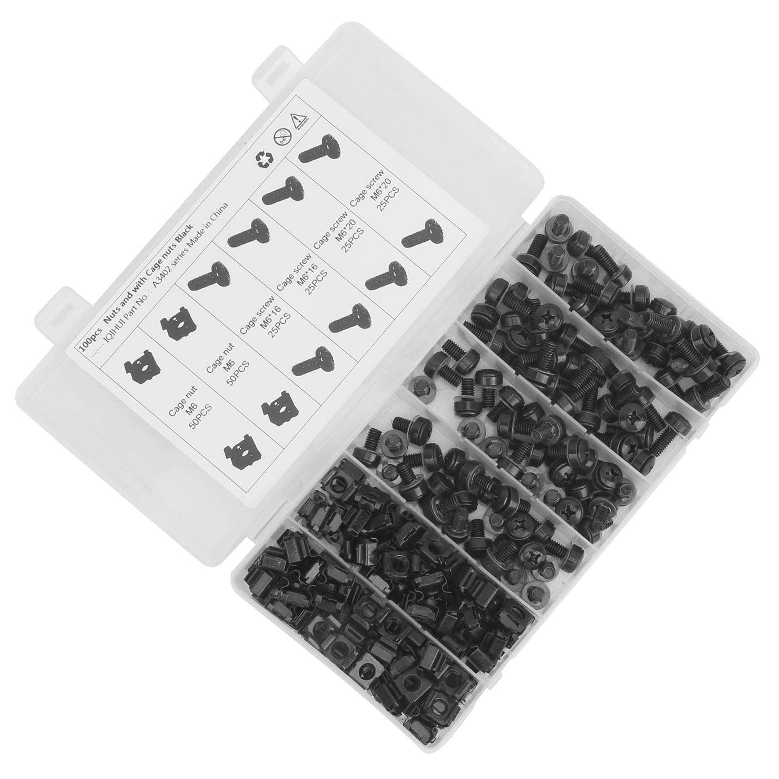 Set di viti dadi a gabbia M6, hardware di montaggio in acciaio al carbonio, kit di dadi a gabbia neri con 100 dadi e 100 viti, per rack, chassis, controller, armadi, veicoli,