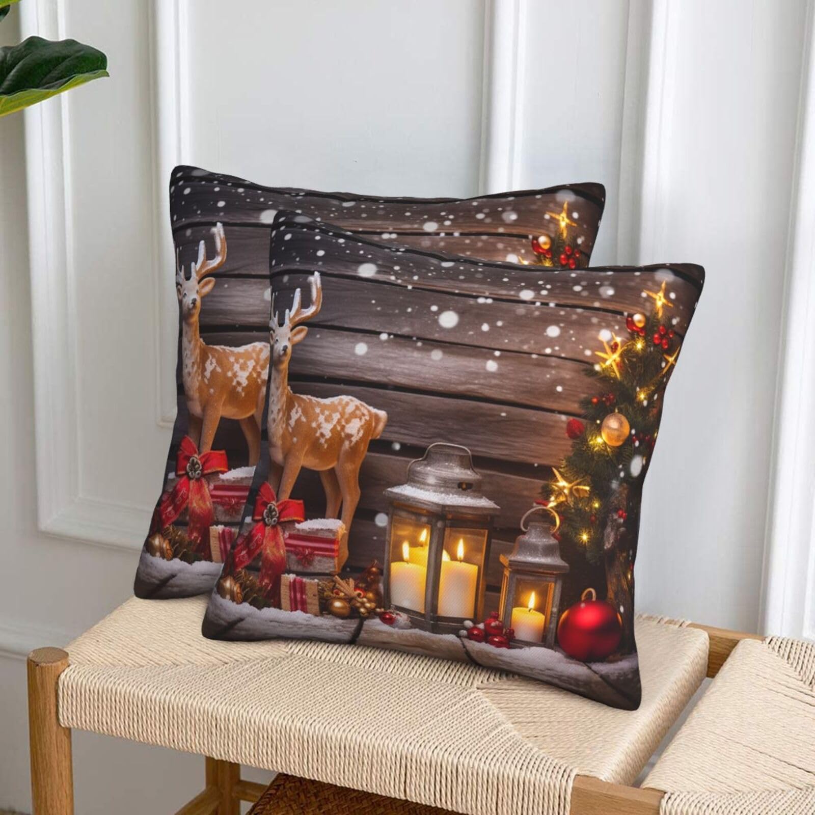 NONHAI Decorative Throw Pillow Covers Set of 2, 20"x20" Square Cushion Case Soft Comfy Merry Christmas Candle Deer Throw Pillows for Couch Cushion Livingroom Farmhouse Home Decor Pillowcases