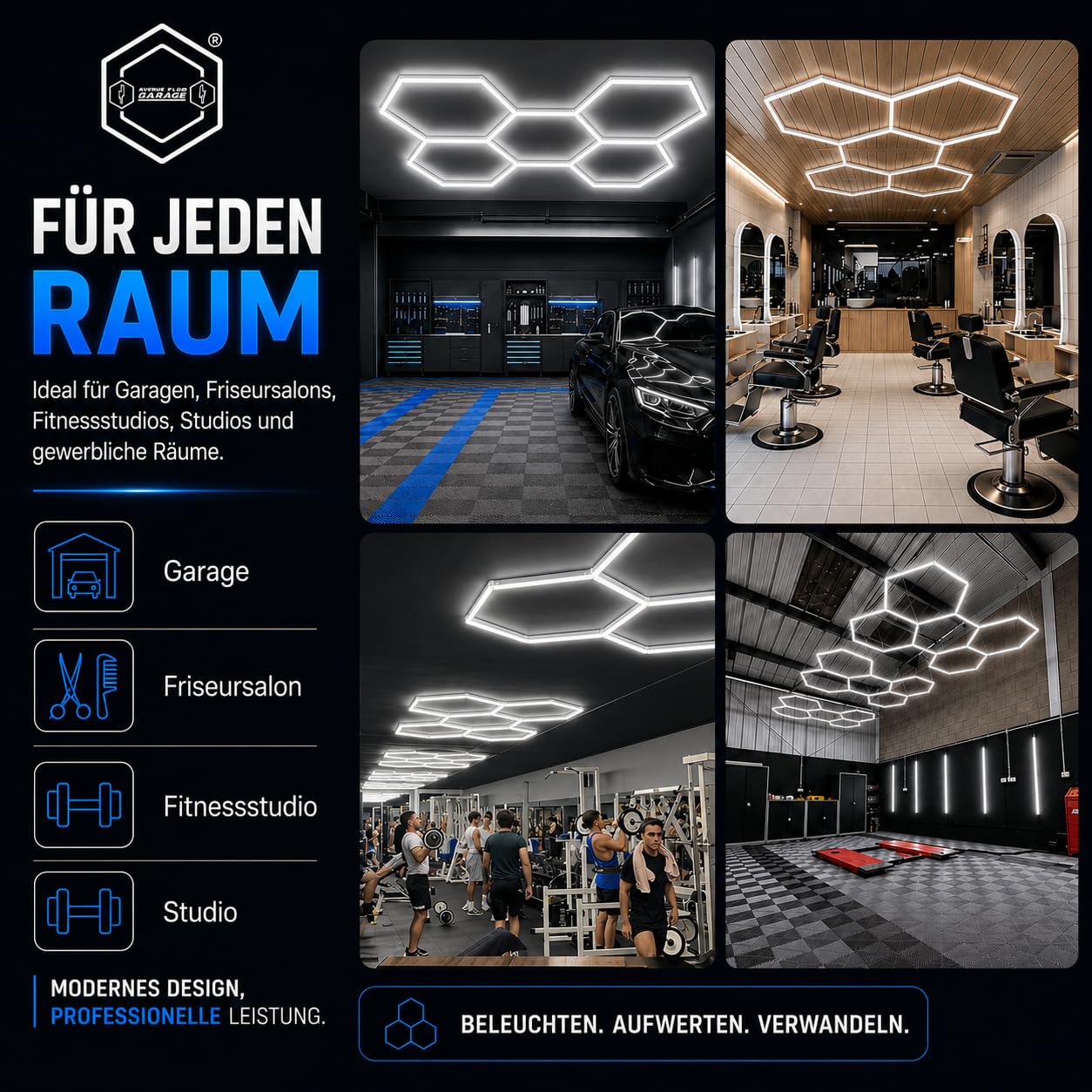 LED-Deckenleuchte, sechseckig, Wabenmuster, modulierbar, 26000 Lumen & 6500 K, für Garage, Werkstatt, Salon, Auto, Fitnessstudio und Barber Shop – [298 x 208 cm]