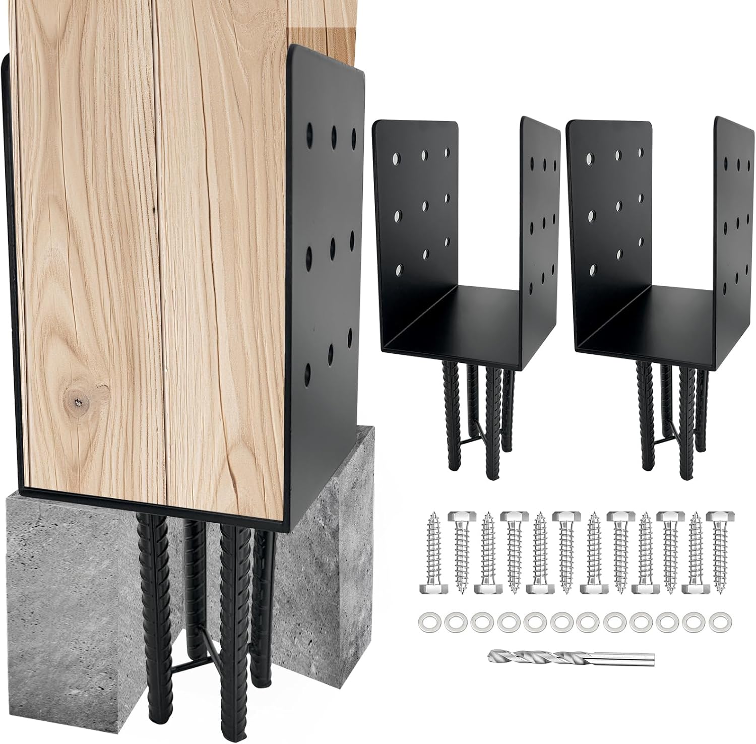 2pcs Wet Concrete Post Anchors,6x6 6x8 Mailbox Post Protector Brackets,Heavy Duty Sttel Solid Rebar Wood Fence Post Base with Screws