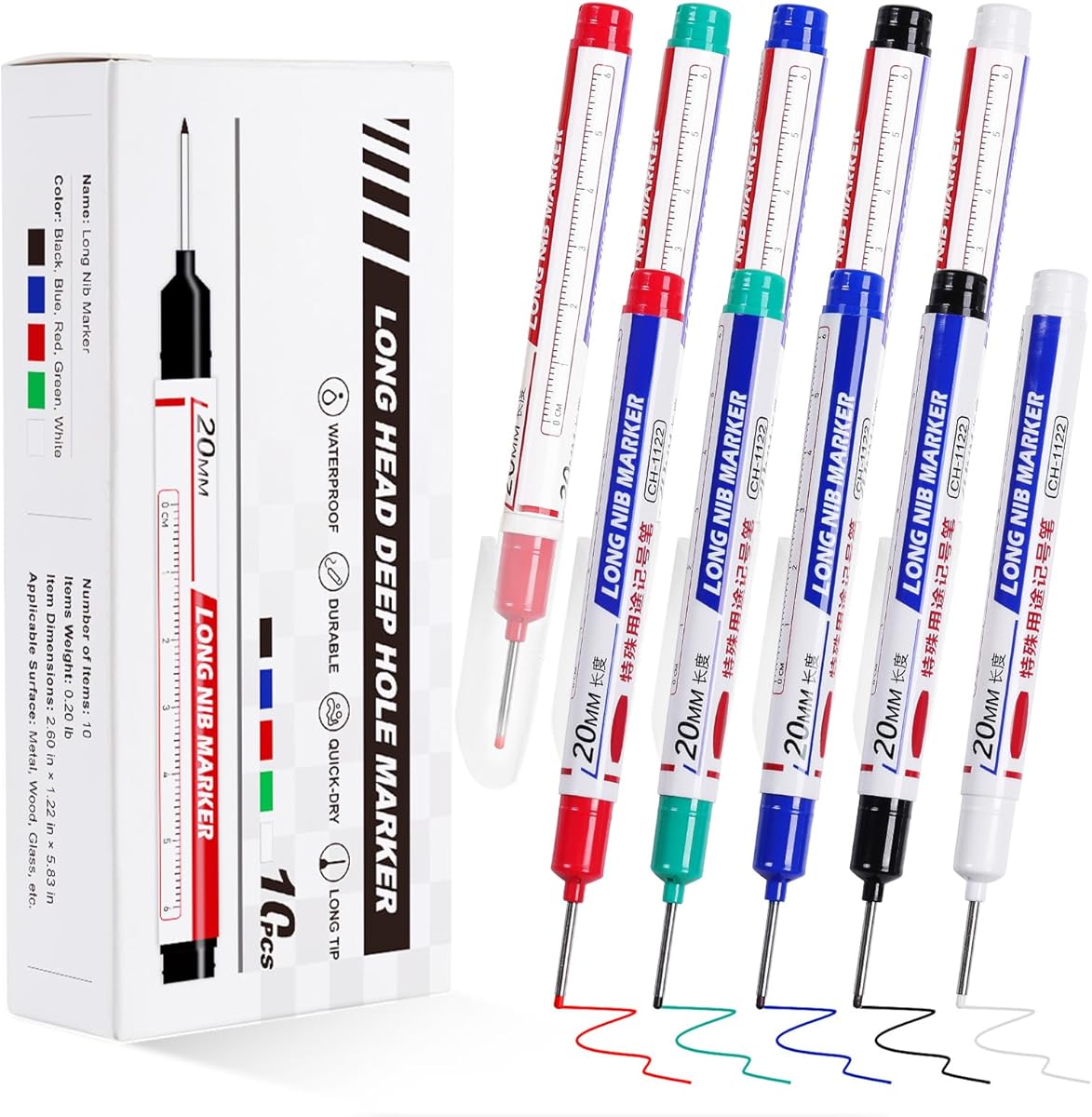 10 PCS Long Head Deep Hole Marker Pens, 20 MM Long Nib Marker for Metal, Multi-purpose Deep Reach Markers Quick Dry Waterproof Marking Pens Construction Markers with Long Nose