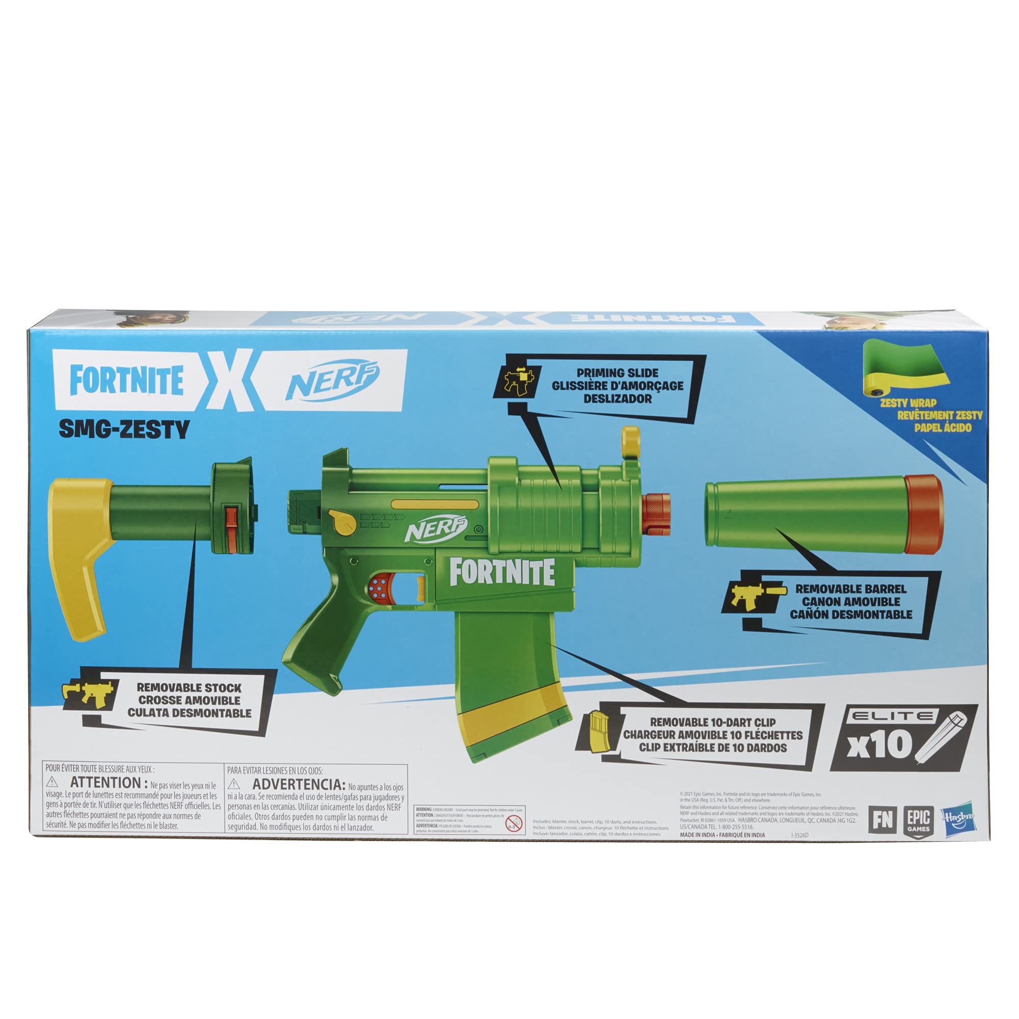 NERF Fortnite SMG-Zesty Elite Dart Blaster -- Removable Stock and Barrel, Removable 10-Dart Clip, 10 Official Elite Darts