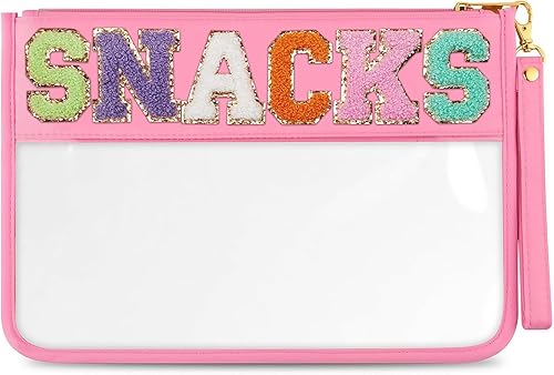 Miniatura 8 de HANAMO Bolsa transparente de felpilla con monograma transparente para estadio, bolsa de parche de viaje con letras de chenilla, bolsa de parche de