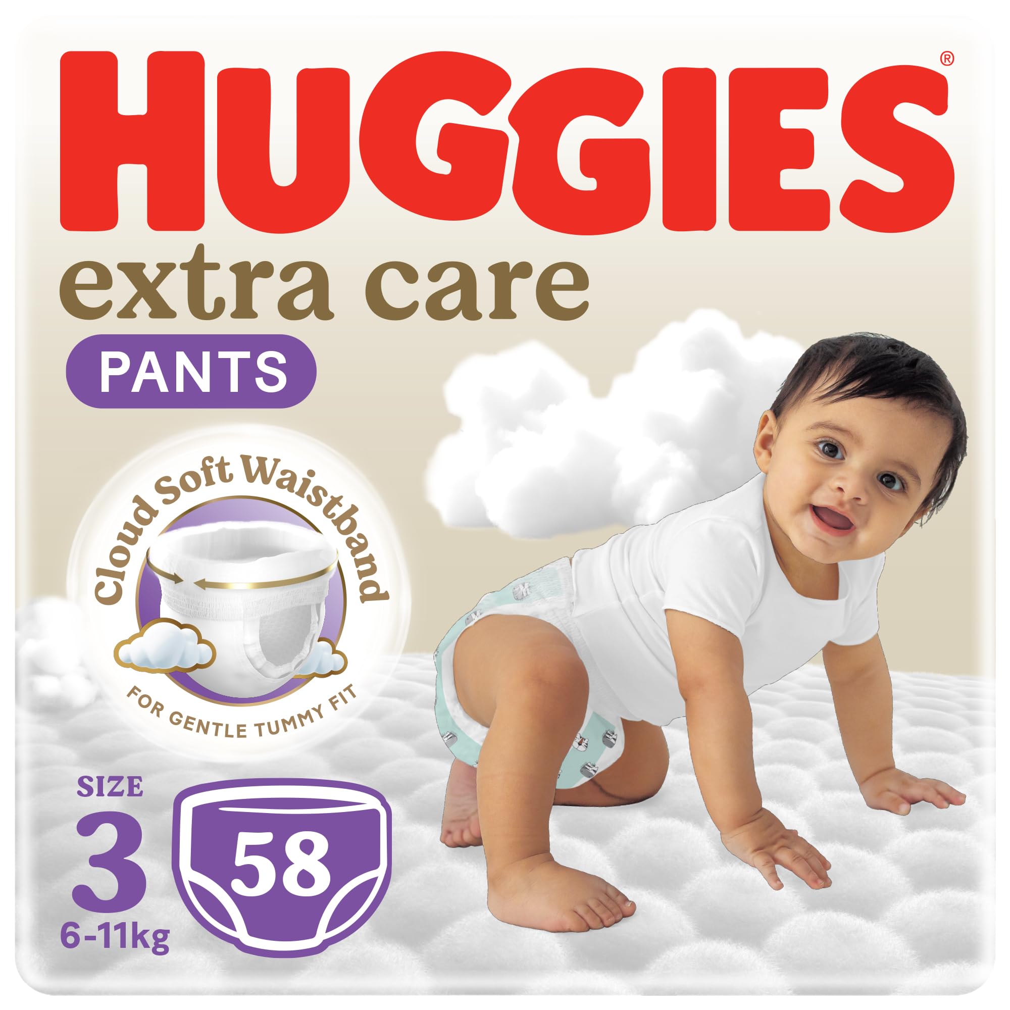 Huggies Pants Size 3 Jumbo Pack, 58 Count – Easy Pull-Up Baby Diaper Pants with 360° Stretch Waist & Tear-Away Sides for Crawling & Standing Toddlers (Approx. 6-11 kg)