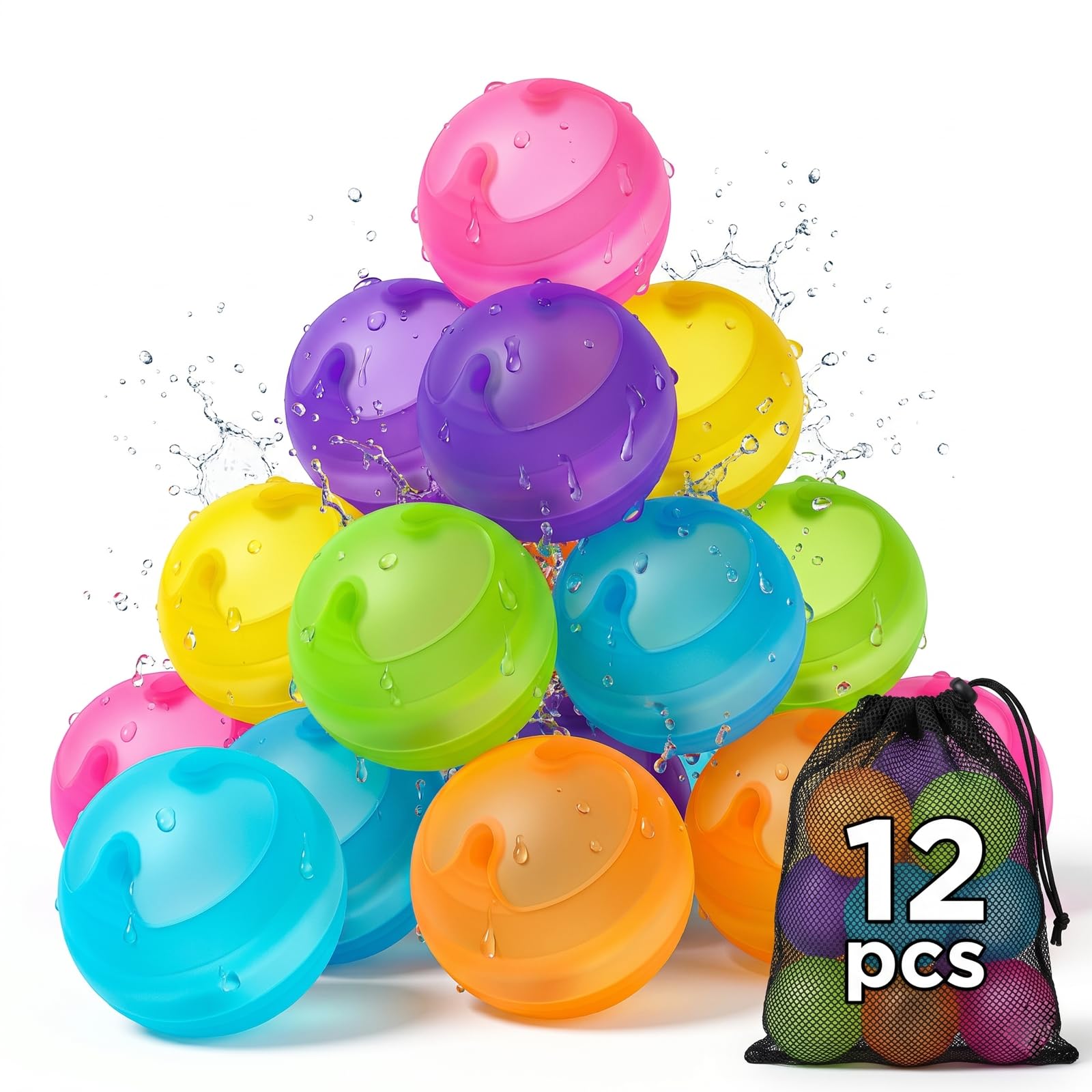 12 Stück Wasserbomben Wiederverwendbar Selbstschließend, Nicht Magnetische Silikon Wasserballons Schnell Befüllbar, BPA-Freies Wasserspielzeug für Outdoor Pool Strand (Kinder & Erwachsene)