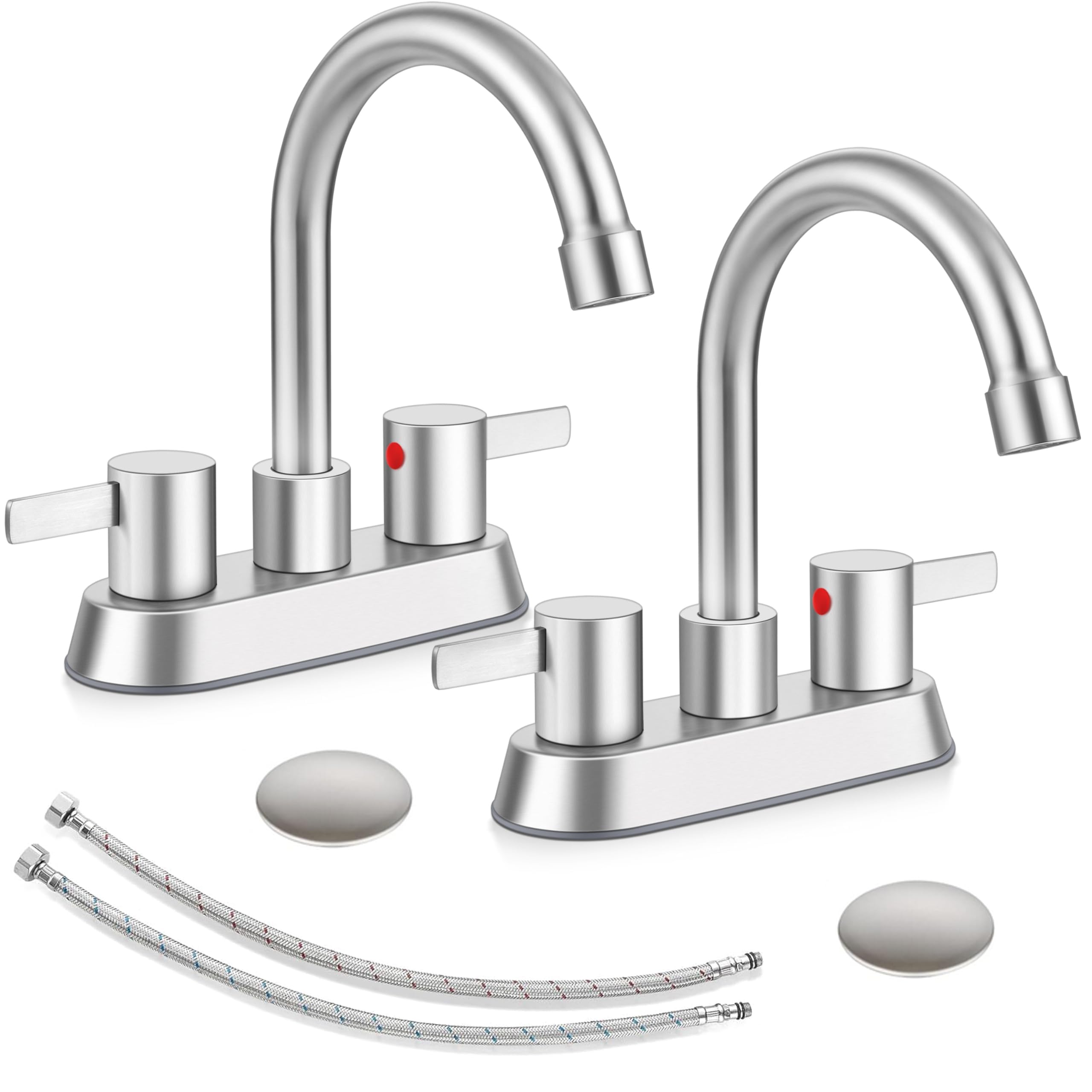 Herogo 2-Handle Centerset Bathroom Faucet Brushed Nickel Set of 2, Stainless Steel Bath RV Vanity Farmhouse Faucet 360 Swivel Spout with Pop-up and Drain Supply Hoses