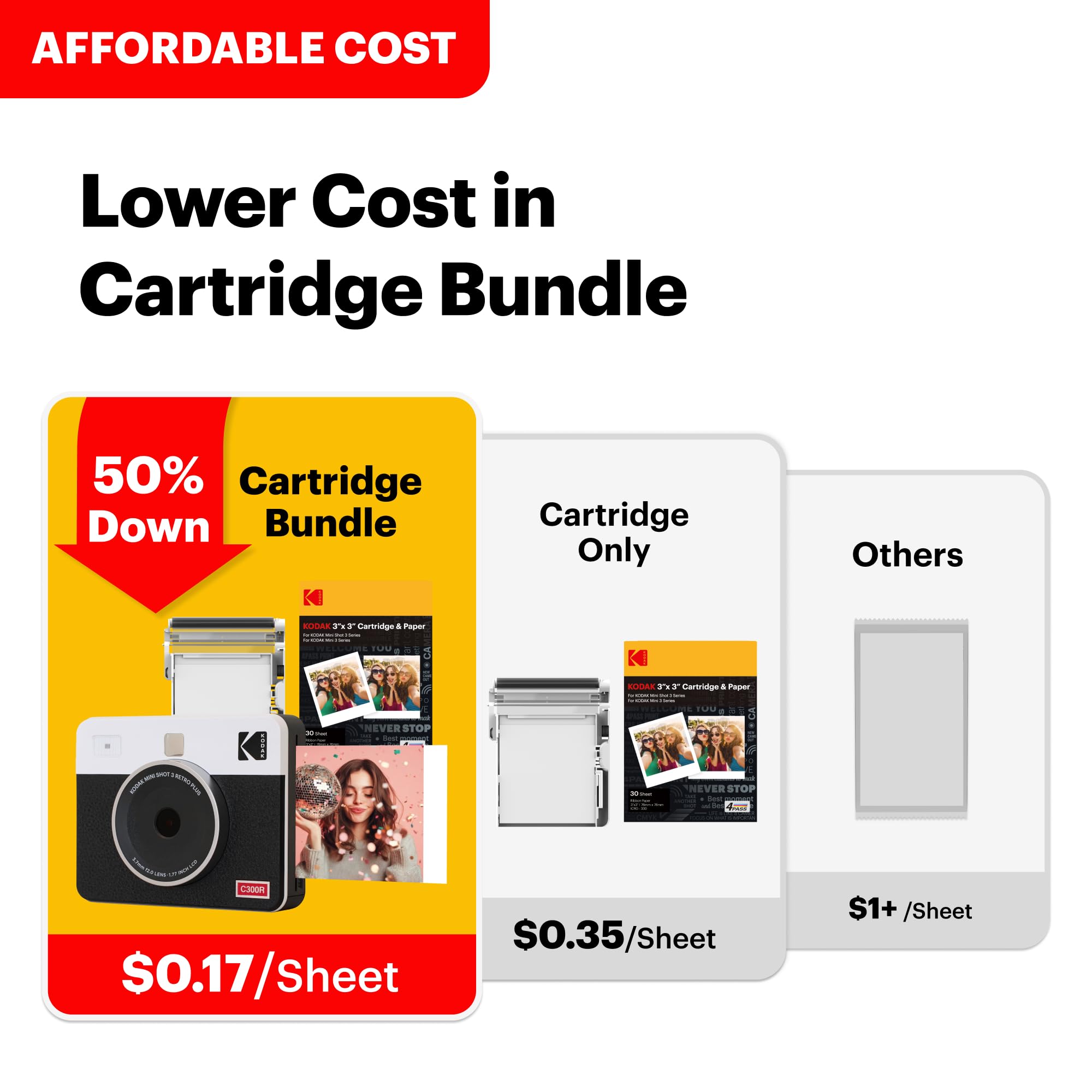 KODAK Mini Shot 3 Retro 4PASS 2-in-1 Instant Digital Camera and Photo Printer (3x3 inches) + 60 Sheets Cartridge Bundle, White