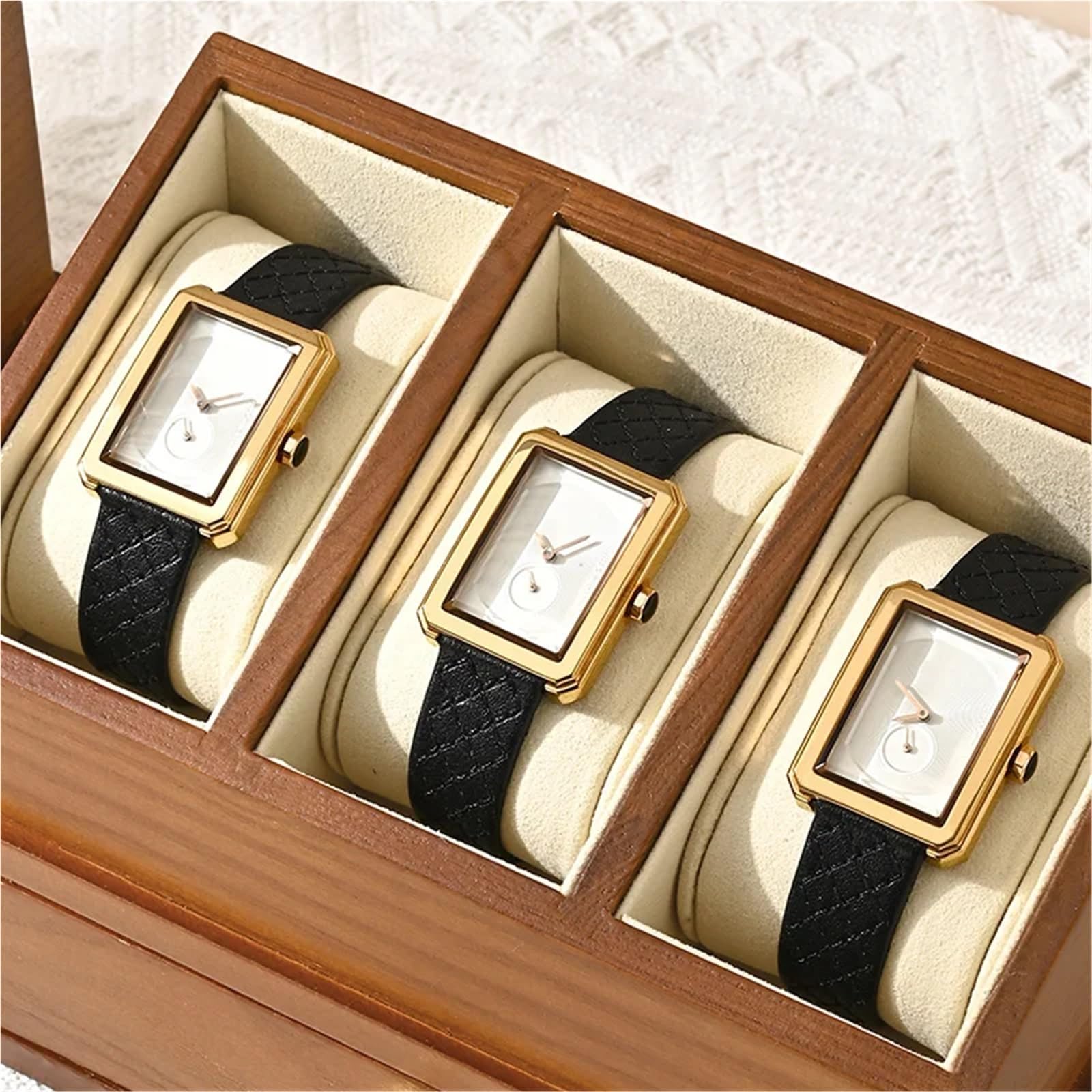 Caja De Relojes De Madera Maciza Caja de reloj madera 3 rejillas, organizador joyas doble capa, almacenamiento muñeca, cubierta a prueba polvo, relojes