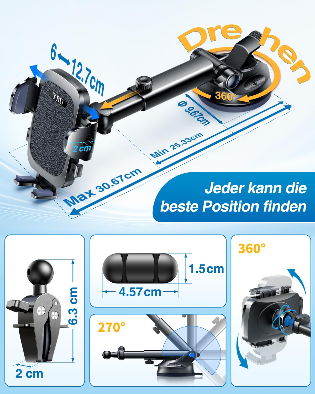 【2026 Militär-Klasse】Handyhalterung Auto Upgrade【Stärkst Saugnapf & Lüftungsclip】Handy Halterung Auto 360°Handyhalter Auto auf Armaturenbrett Scheibe für iPhone 17 16 15 14 13 Pro Max usw,Mattschwarz