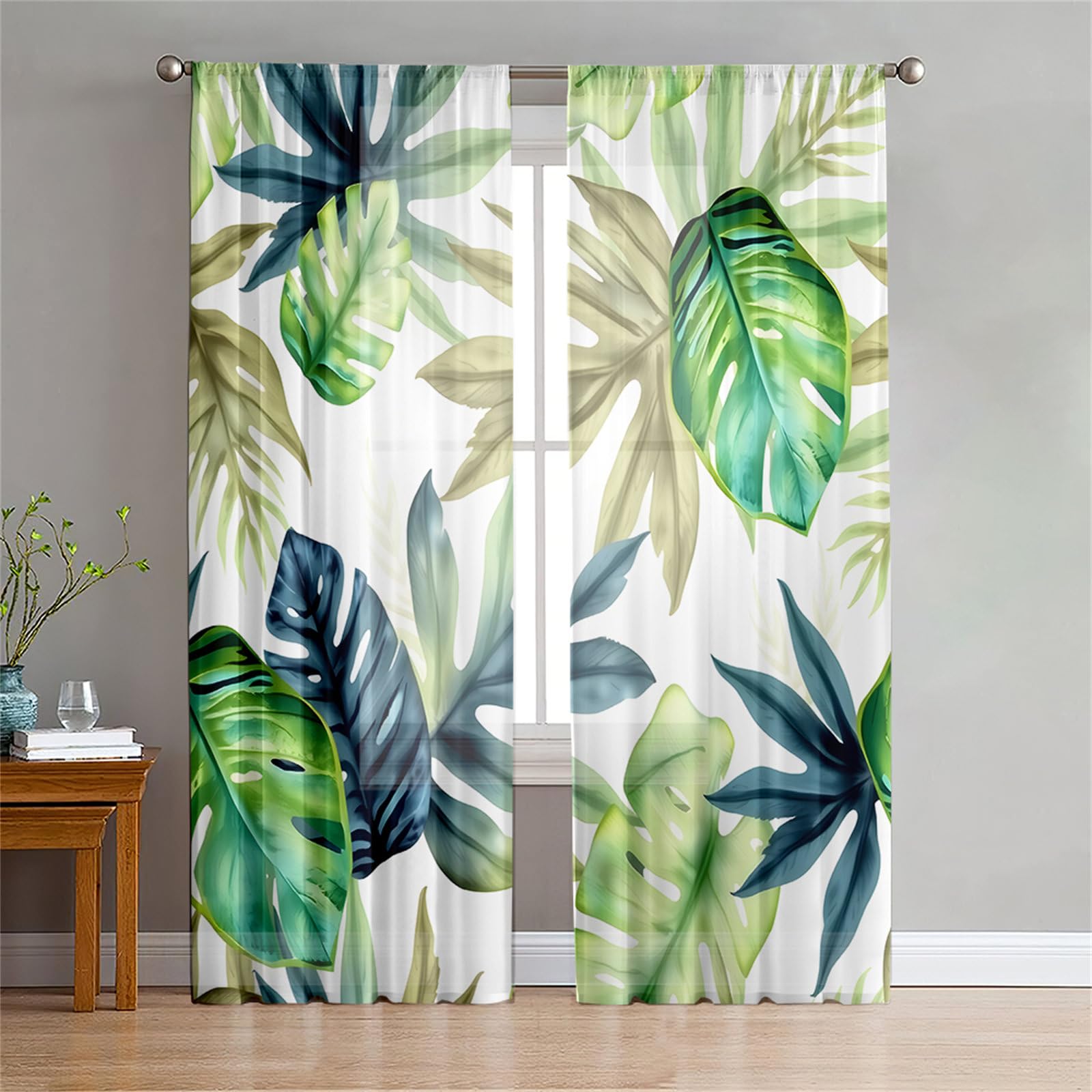 Surwin Net Curtains for Windows, Voile Curtain, 2 Panels Tropical Landscape with Eyelets, Semi Transparent Lightweight Voile Panel for Living Room Bedroom Balcony Decorative (Blue 1,W80xH115cm)