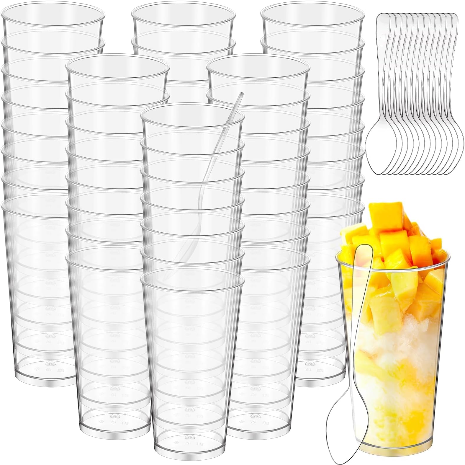 KOWVOWZ 30Pack 3oz Square Plastic Dessert Cups with Plastic Spoons, Clear Plastic Parfait Appetizer Cup, Reusable Small Clear Plastic Tumbler Cups Great for Desserts, Puddings, Mousse (Style D)