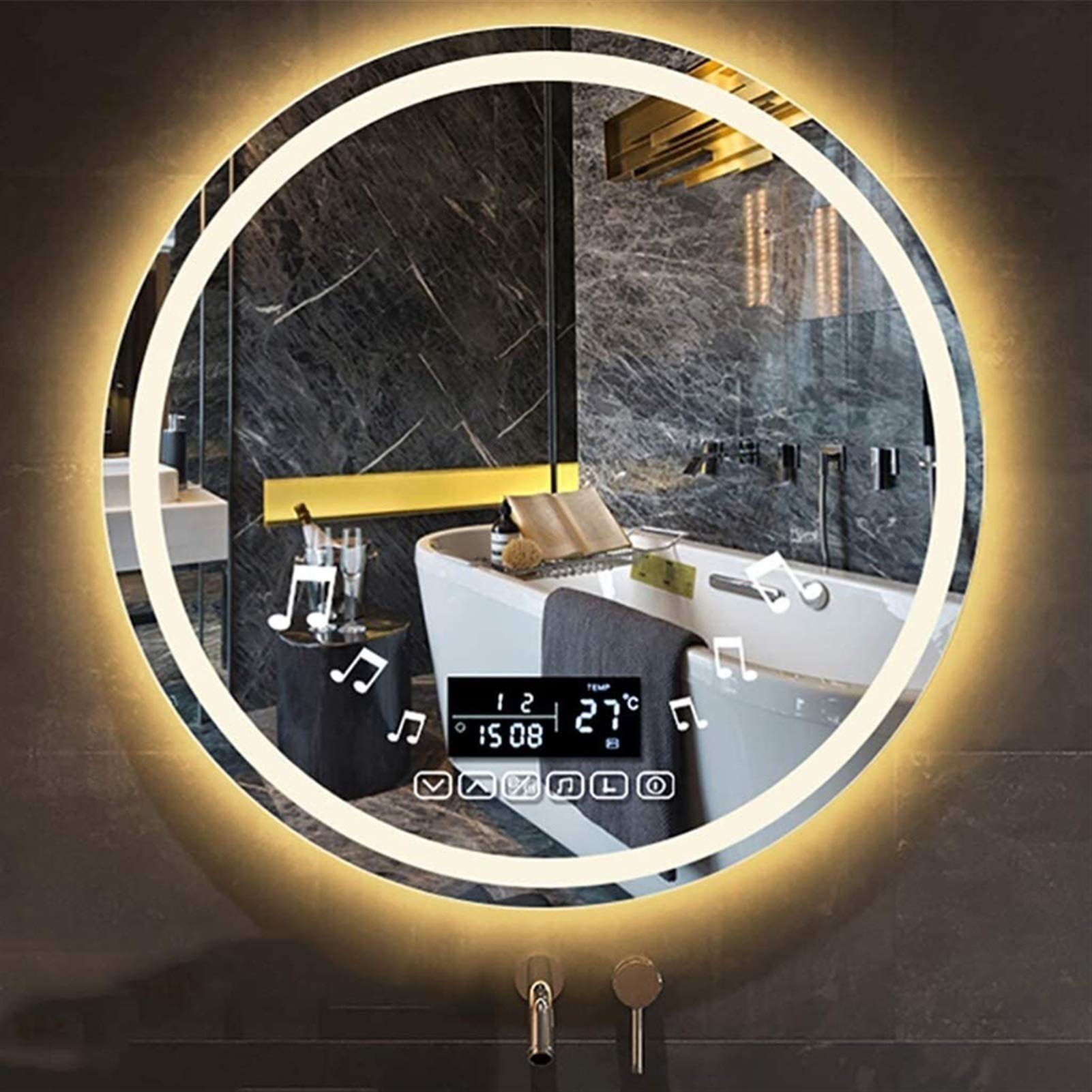 Waterproof Illuminated LED Bathroom Mirror, Bathroom Vanity Mirror, Modern Round Bathroom Mirror with Dimmable LED Light and Additional Features - Switches/Demister Heat Pad/Bluetooth Speaker ,For Sha