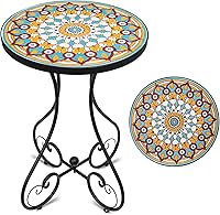 VCUTEKA Mosaic Outdoor Side Table - 21" Rustproof Round Patio End Table with 14" Ceramic Tile Top for Indoor/Outdoor Porch, Balcony, Garden