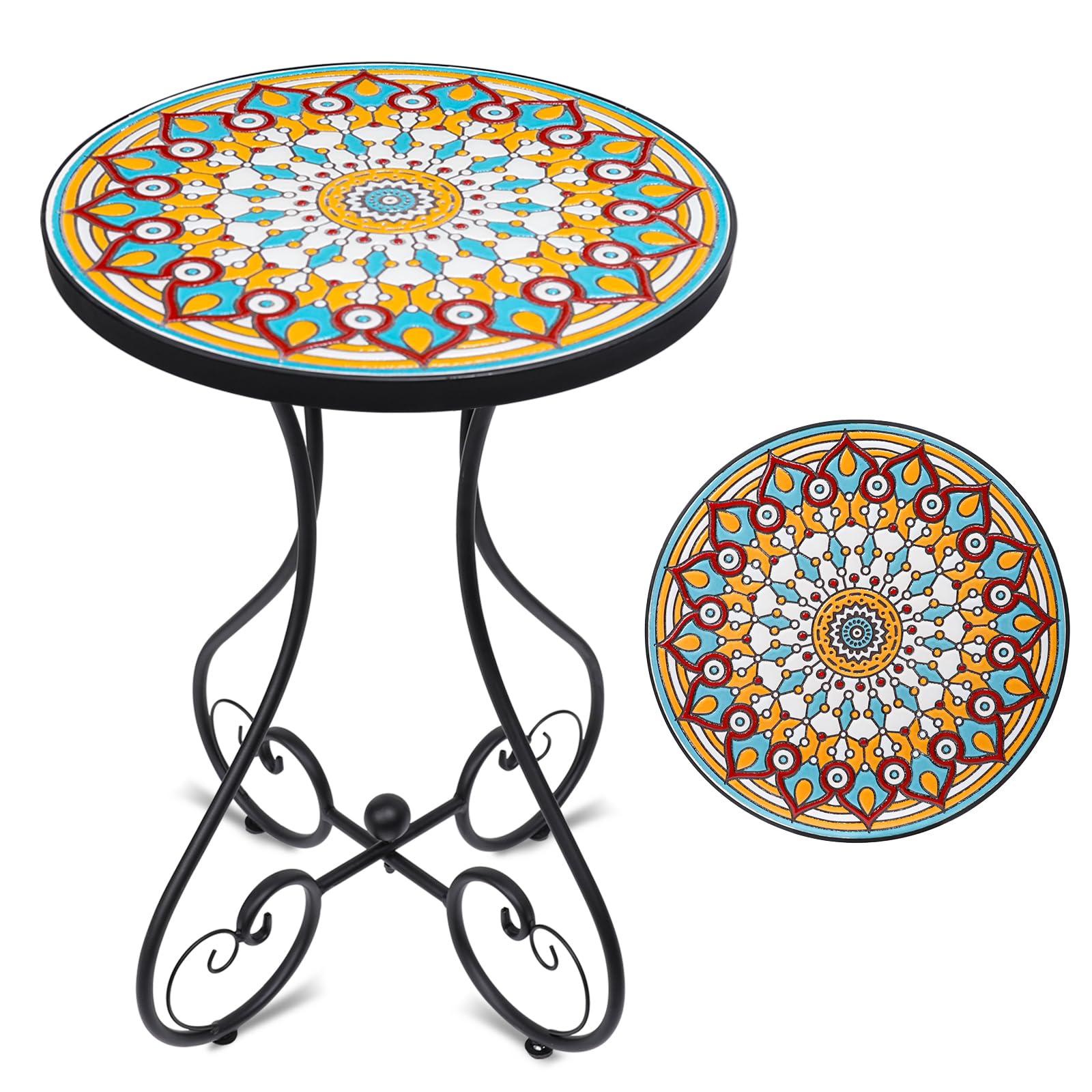 VCUTEKA Mosaic Outdoor Side Table, Round Rustproof Patio Table with 14" Ceramic Tile Top, Indoor Porch Accent Table for Yard, Garden, Living Room,