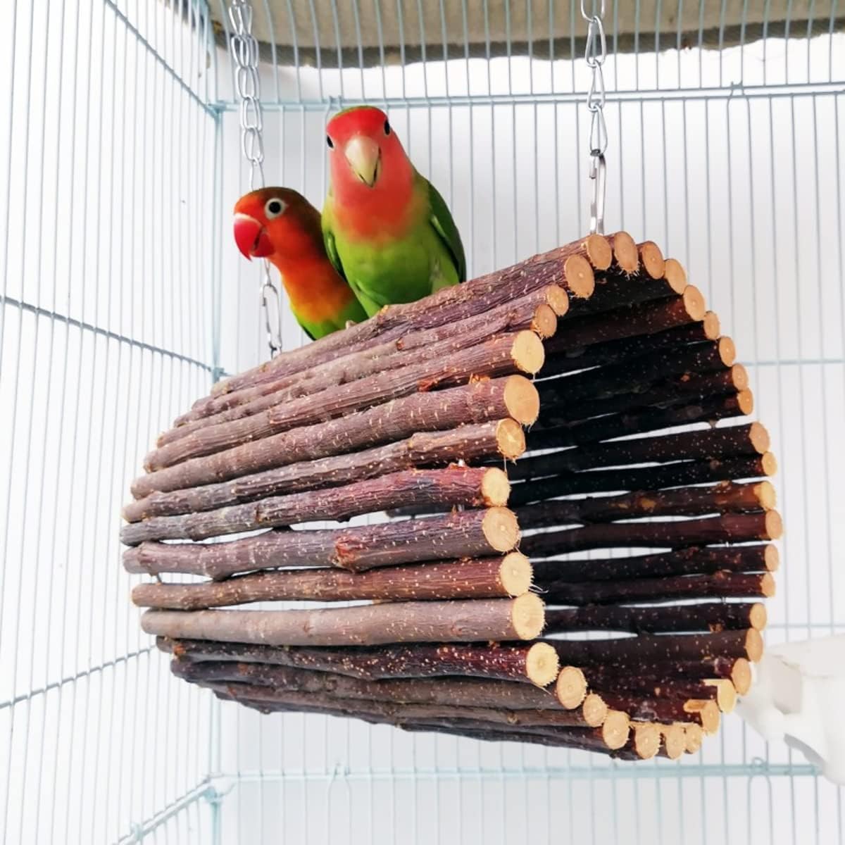 Parrot Swing Tree Caves, Birds Wooden Toys with Hanging Hammock, Birds Apple Wood Branches Tunnel, Birds Gnawing Toy Supplies for Parakeets, Cockatiels, Conures, Lovebirds, etc. (Large)