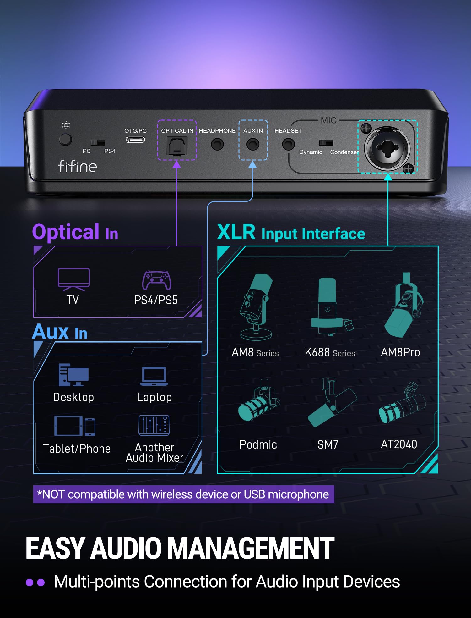 Fifine Gaming Audio Mixer for 7.1ch Surround Sound Headphone Amp-Volume Control-Voice Chat and Streaming-XLR Mic Preamp-USB Plug&Play-Voice Changer-RGB-3 EQ Modes Ampligame SC8