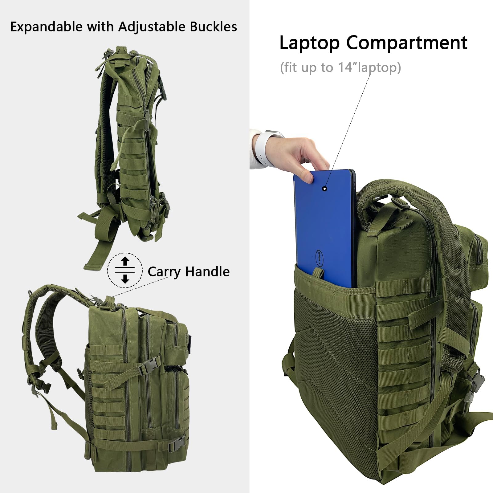 WOLT Zaino tattico militare da uomo, grande zaino militare d'assalto di 3 giorni con borsa MOLLE per attrezzatura di sopravvivenza da escursionismo, borsa gamma, Verde, Large, ‎Zaino tattico