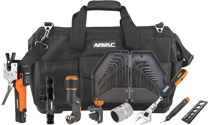 NAVAC NKS3 Mini-Split Tool Kit - Juego completo de instalación HVAC con herramienta de abocardado inalámbrica, llave dinamométrica digital, núcleo de válvula, cortadores de tubos, desbarbador, medidor de abocardado y bolsa de transporte portátil