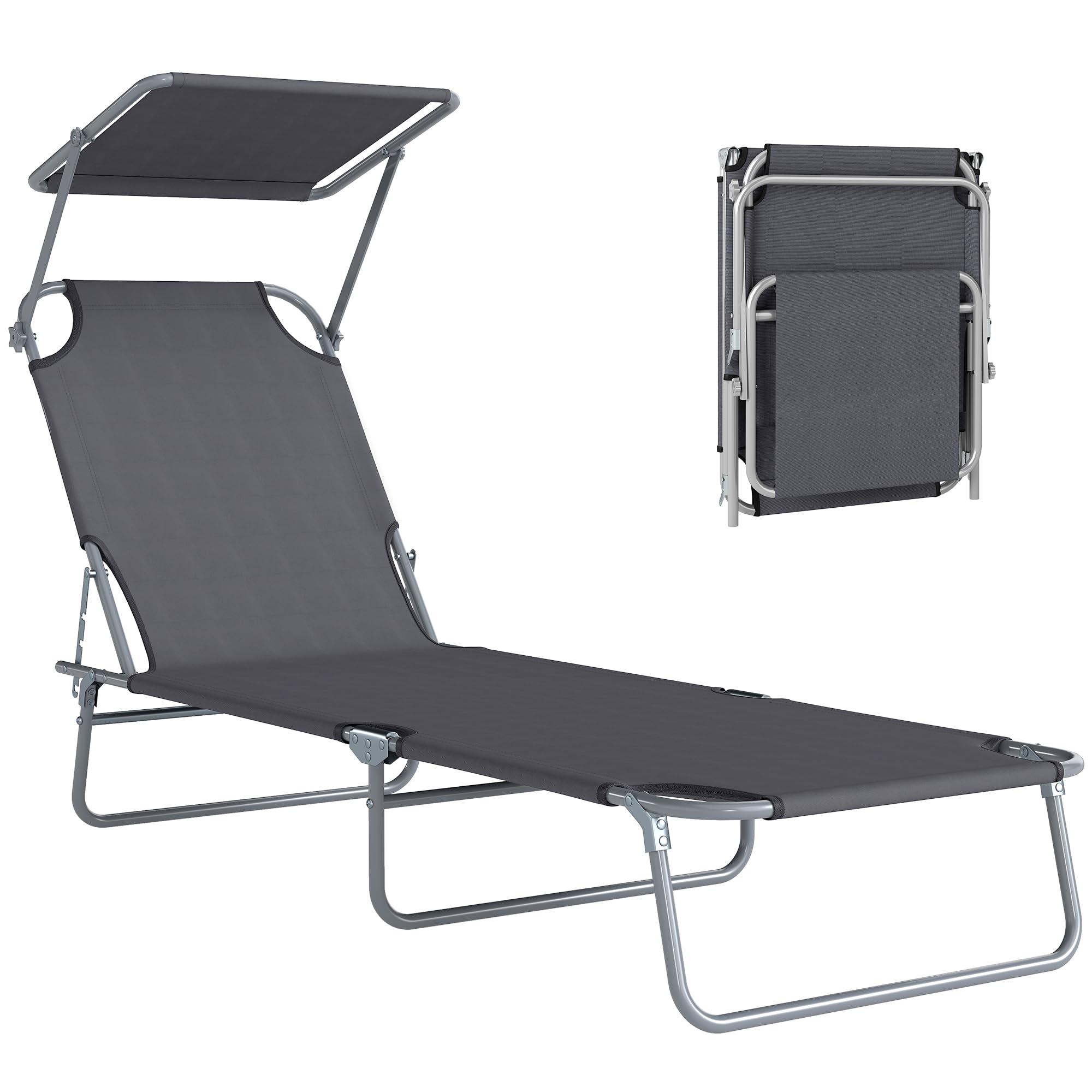 Outsunny Unisex Grey Folding Chair Sun Lounger W/ Sunshade Garden Recliner Hammock In