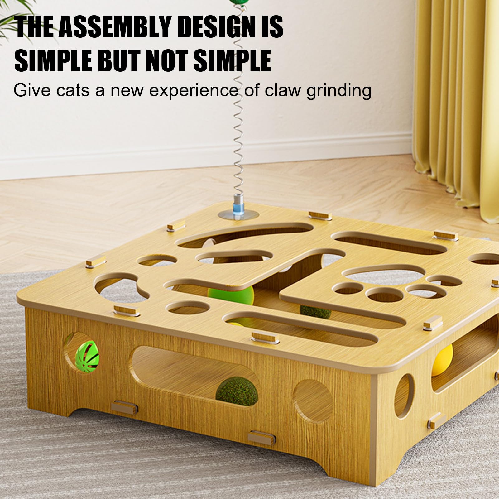 Juguete de rompecabezas para gatos, juguetes interactivos, caja de madera con plumas y bolas, para gatos de interior