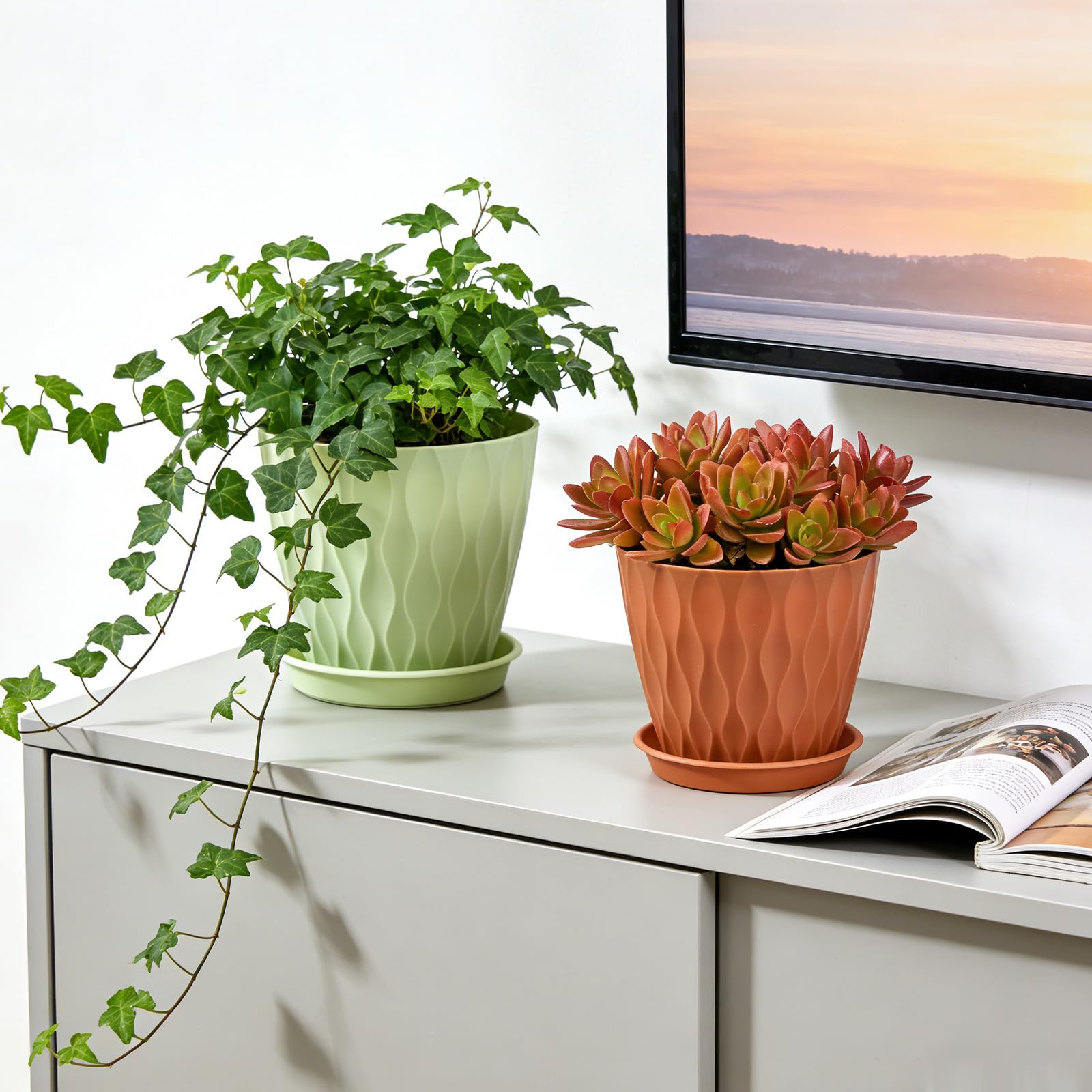 10cm/4-in Plant Pots Indoor 6 Pack Plastic Flower Pots with Drainage Holes and Saucers Modern Decorative Planters Succulent Indoor Outdoor Plants(6 Colours) — view 7