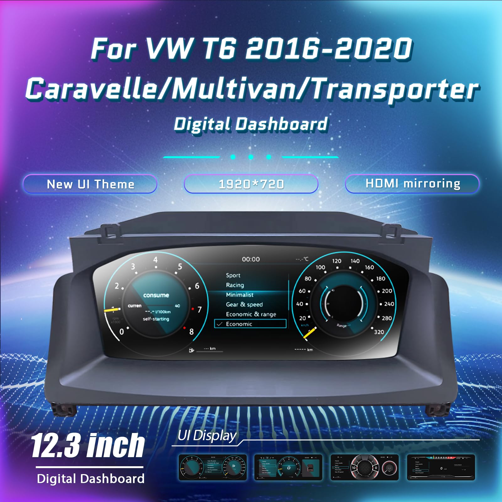 Digitales Armaturenbrett, Kfz-Ersatzinstrumententafel-Anzeigen, Tacho-Ersatz-Kombiinstrument für VW T6 2016-2020 Jahre, Digitaler Kombiinstrument-Tachometer - 12,3 Zoll