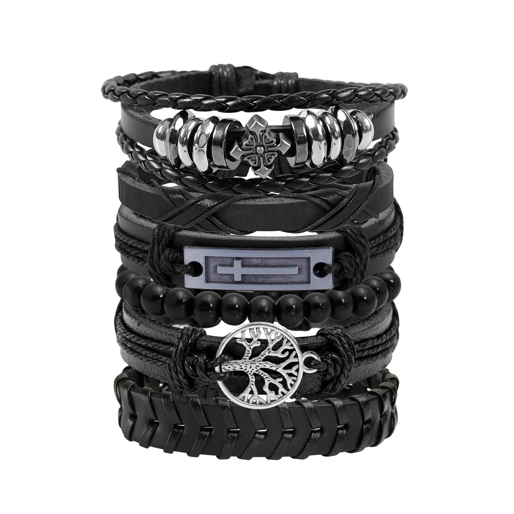JJDreams Leather Bracelets Black PU Braided Bracelet Set Metal Beads Cuff Bracelet for Men 6pcs