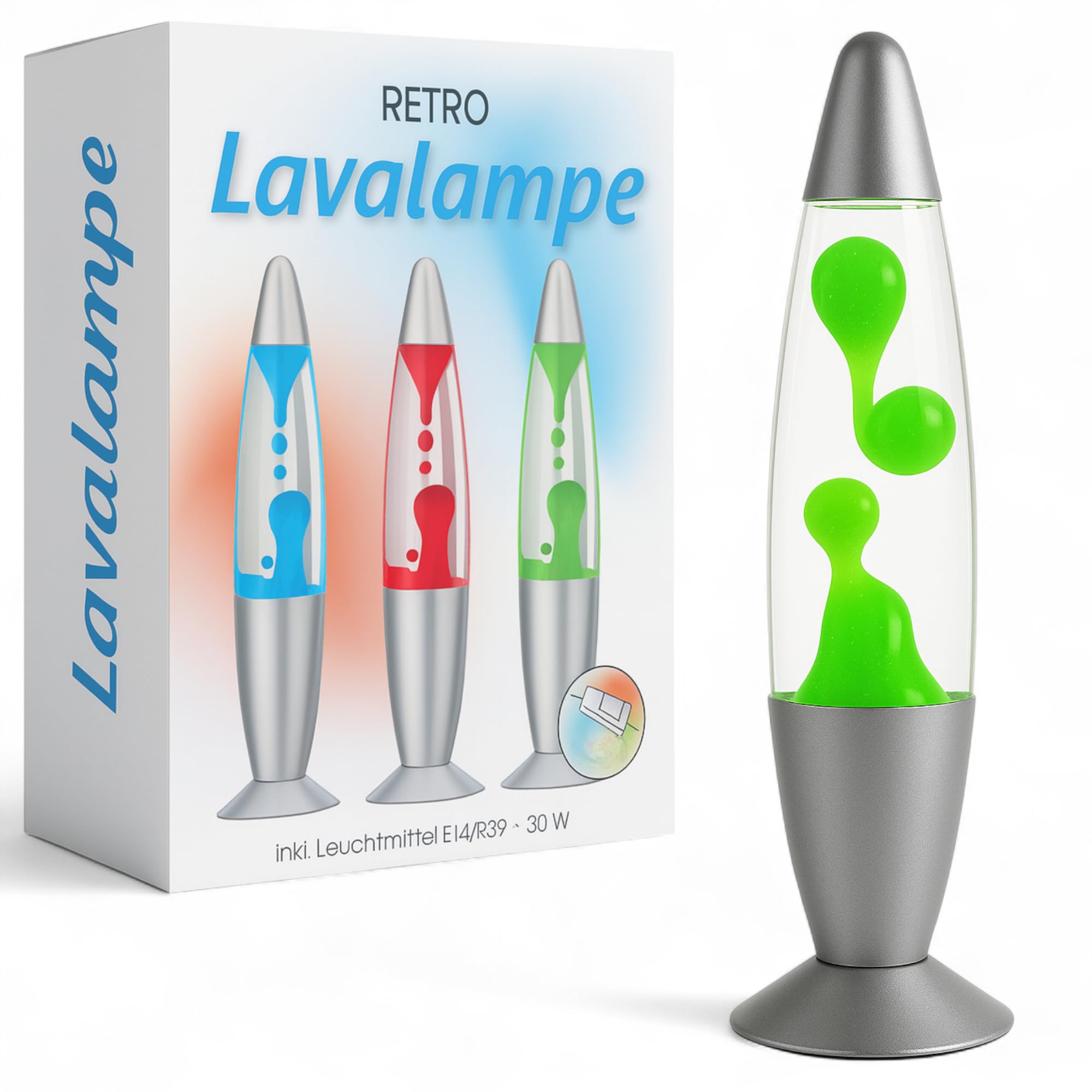 MIJOMA Retro Lavalampe 30 cm – Dekorative Lavaleuchte aus Glas & Aluminium mit silbernem Fuß – Stimmungslicht mit Schnurschalter im kultigen 70er-Jahre-Design, Grün
