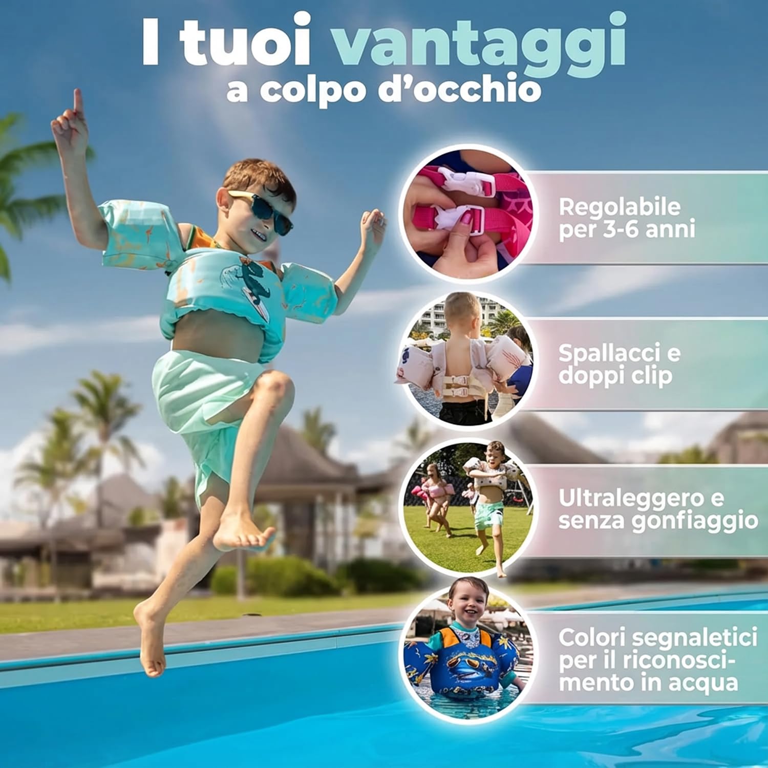 KIDVERSE gilet galleggiante per bambino 3–6 anni – Qualità testata – giubbotto galleggiante bambino con braccioli integrati – Ausilio al nuoto per maschi e femmine fino a 30 kg – Allenamento al nuoto