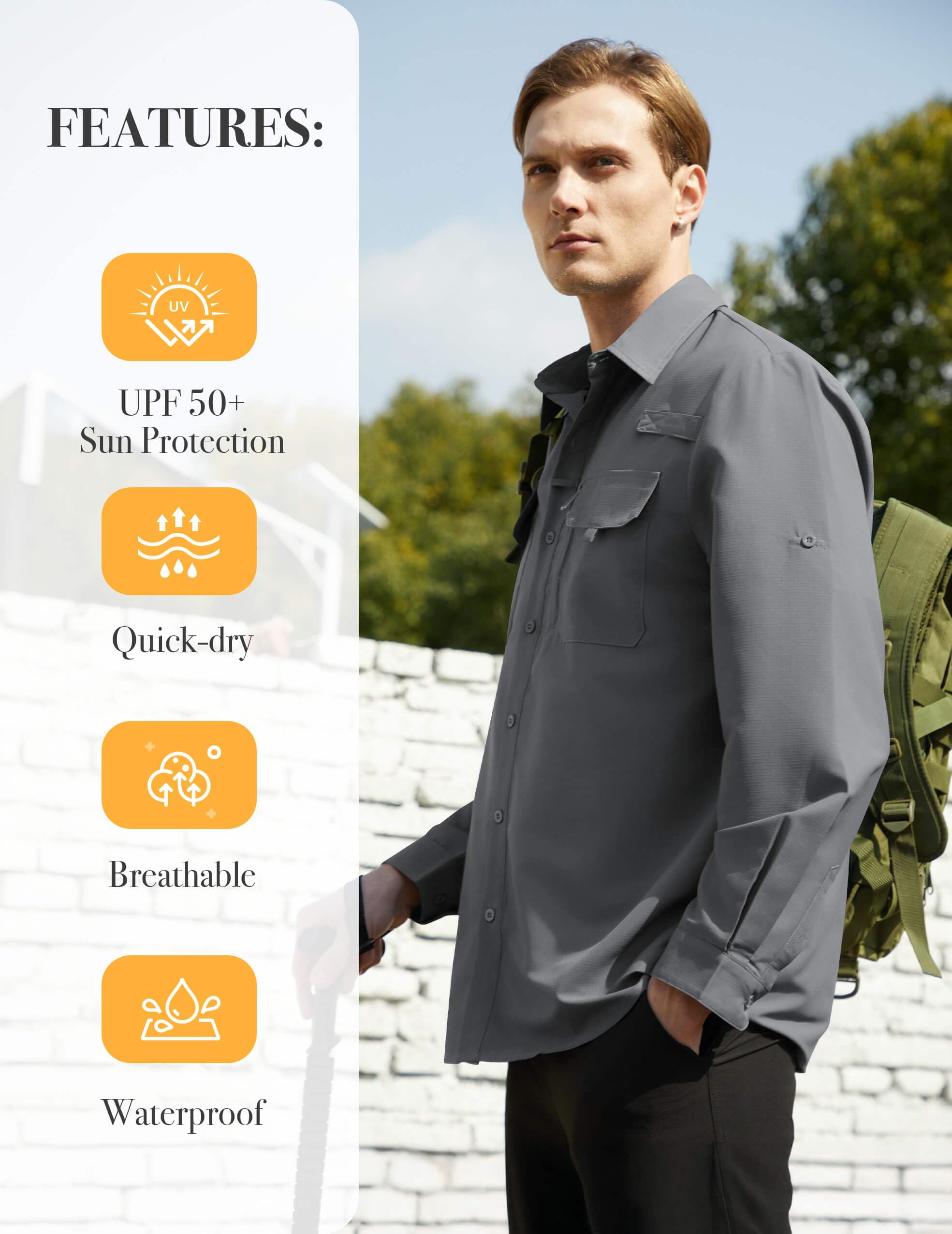 Camicia Uomo Casual Outdoor per Escursionismo e Pesca, Camicia Protezione Solare UPF 50+ Asciugatura Rapida, Camicia Tecnica Traspirante Manica Lunga per Trekking Viaggio