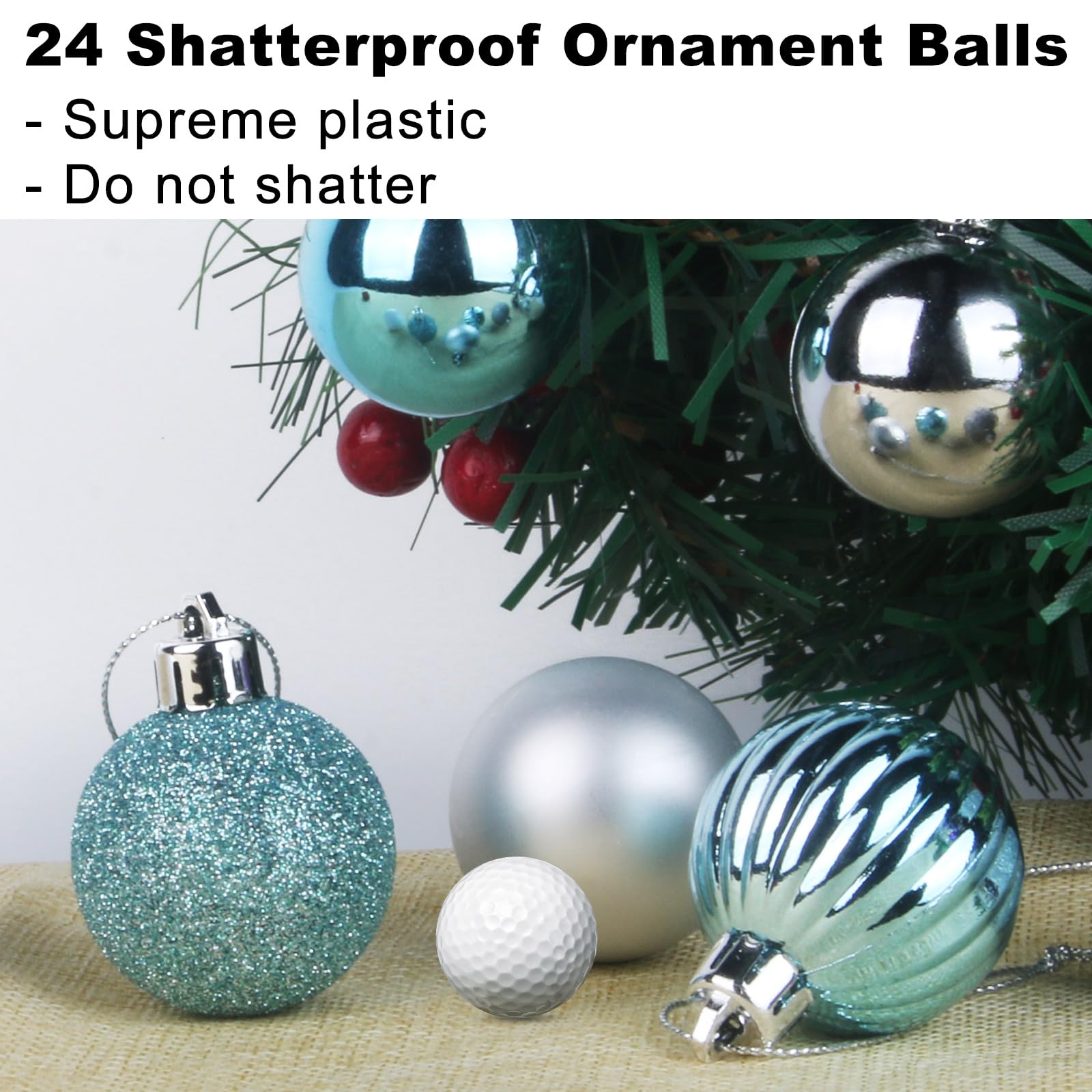 Lot de 24 grandes boules de Noël incassables à suspendre pour anniversaire, Halloween, vacances, mariage (8,1 cm, bleu layette/argenté)