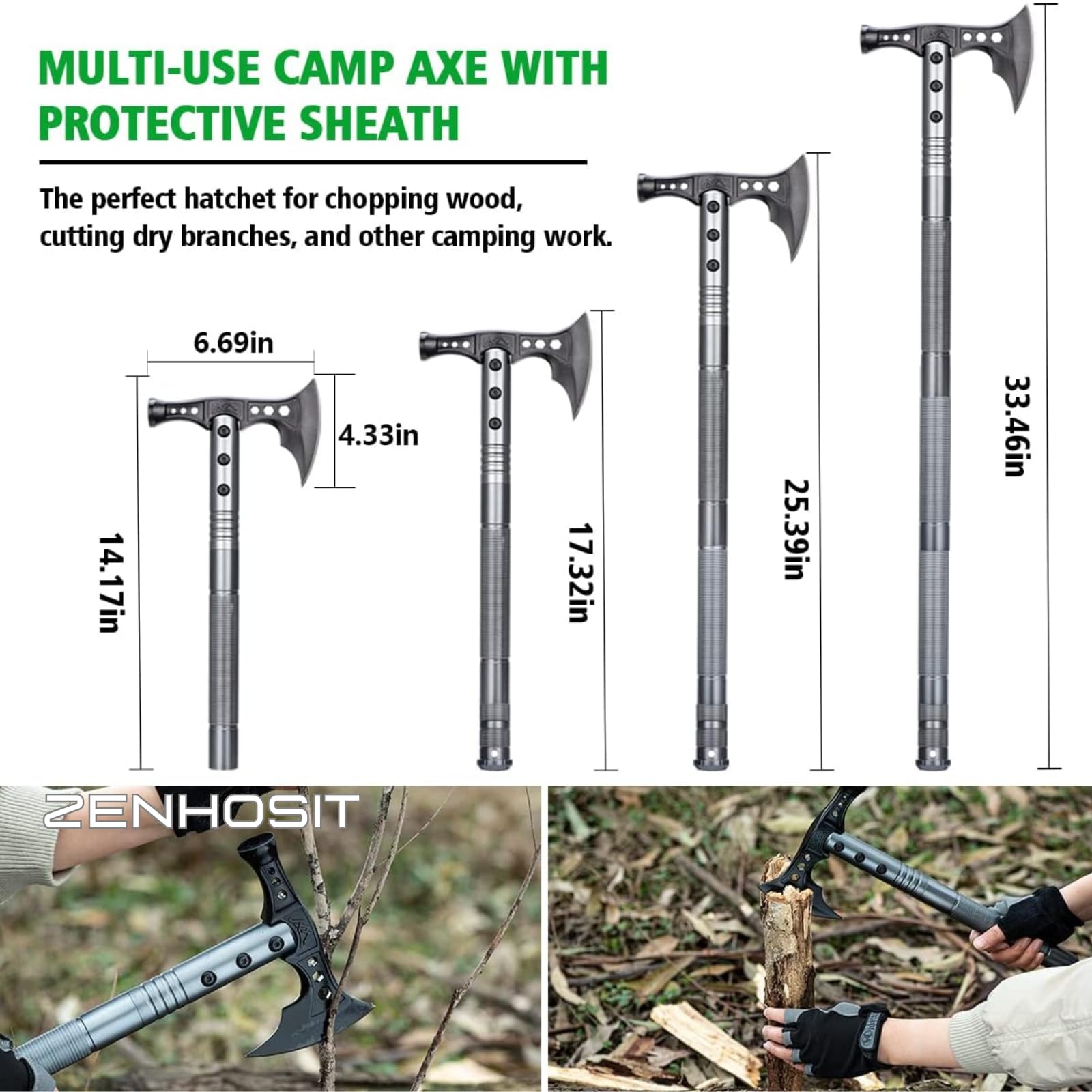 ZENHOSIT Multifunctional Folding Tactical Shovel Hatchet Combo - With Axe, Flashlight, Extension Handles - For Camping, Cycling, Hiking - 19.3-40.9 Inches — Amazon image 4