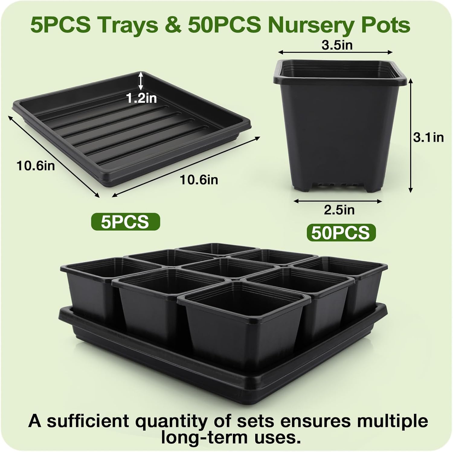 50Pcs 3.5inch Square Nursery Pots with 5Pcs Seed Starting Trays, Seed Starter Tray Kit, Seeds Starting Germination, Seeding Pots with Drain Holes, Small Plant Nursery Propagation