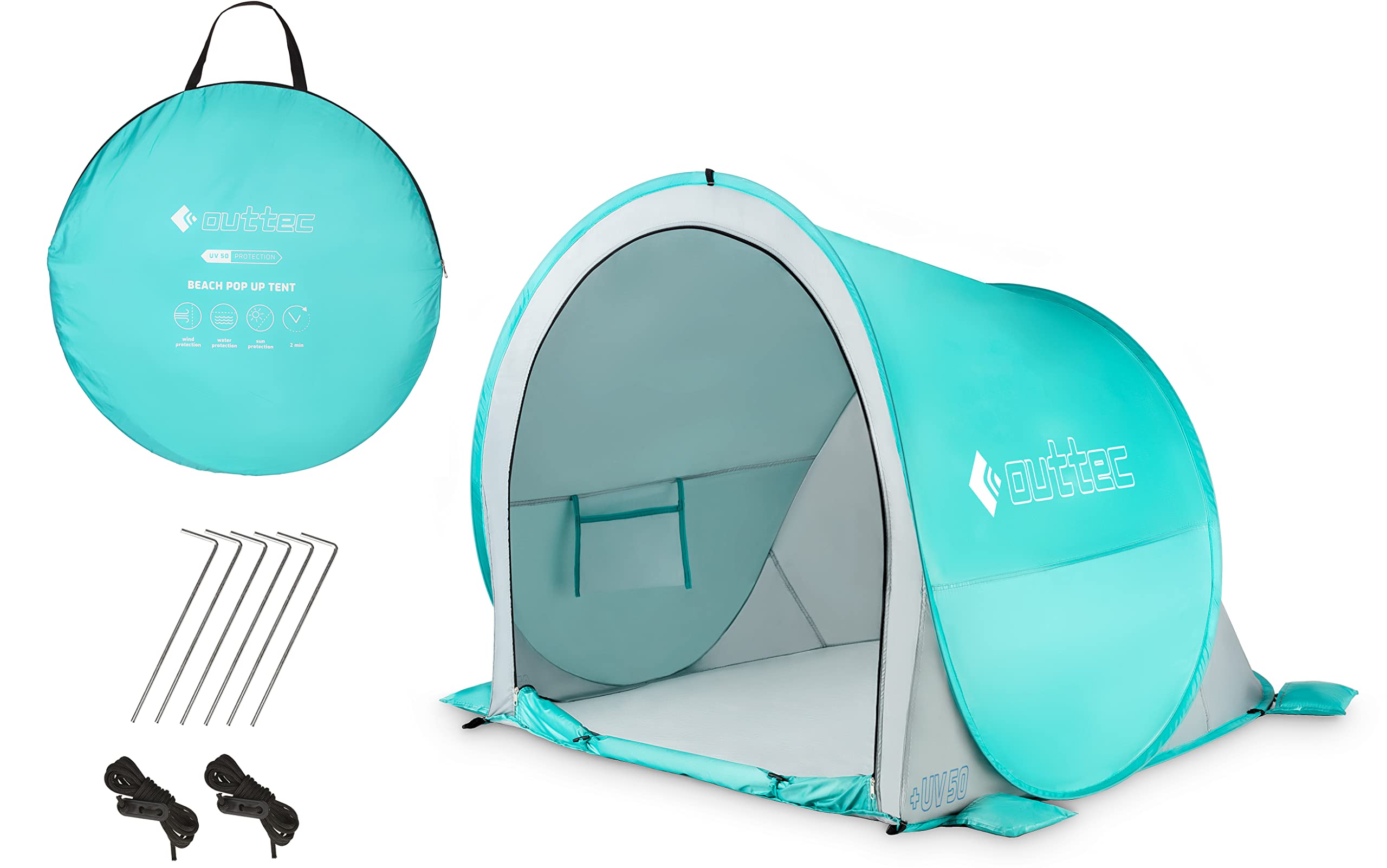 Tente de Plage Bébé Pop-Up Anti-UV 50+ Outtec, avec Poches à Sable et Sac de Transport, Idéale pour Famille, Camping, Jardin, Turquoise